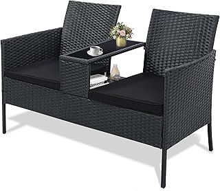 Kromax Wicker 2 Seat Patio Loveseat, Outdoor Rattan Loveseat with Table,...
