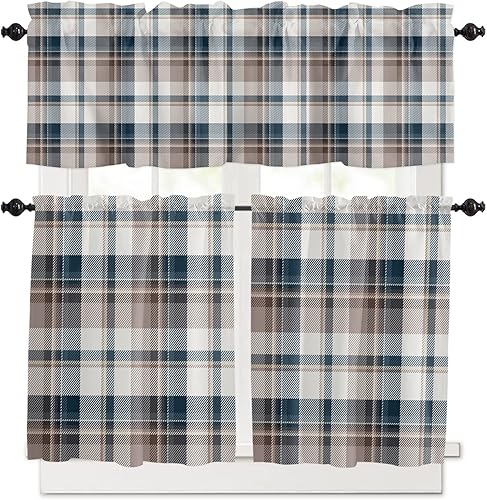Buffalo - Juego de cenefa y niveles de cortina de cocina a cuadros, estilo granja, marrón y azul, 54 x 36 pulgadas