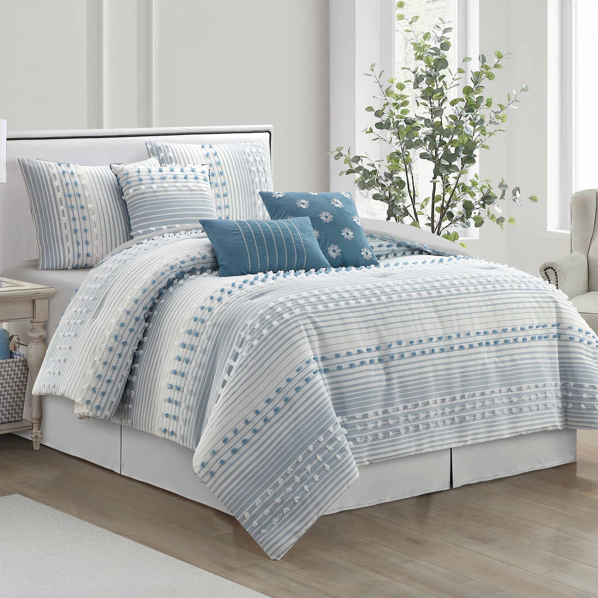 California King Comforter Set, Azure, Jaquard Clip Striped Design, Elegant Soft 7 Pieces Bedding Set for All Seasons, Matching Bedskirt, Pillow Shams and Decor Pillows