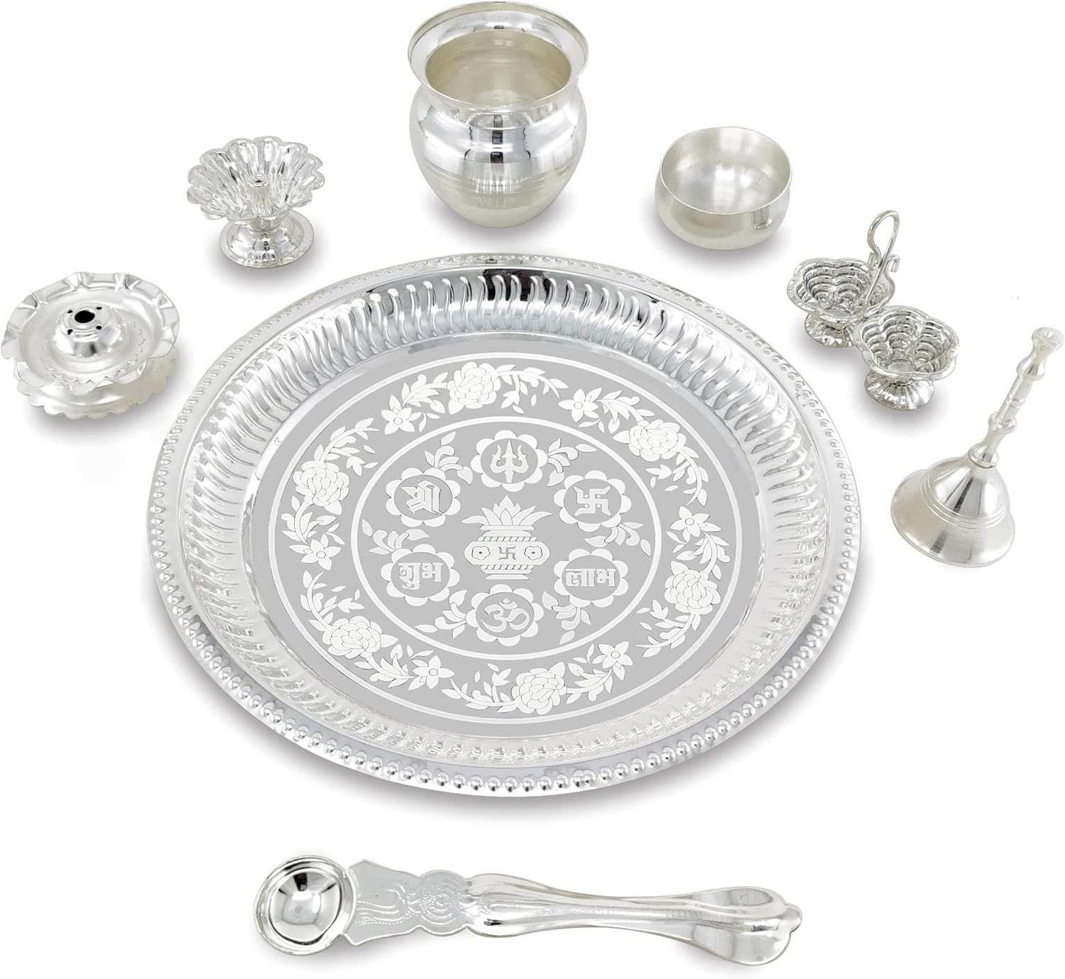 NOBILITY Pooja Thali Set Silver Plated with Red Gift Box Puja Plate Devdas Diya Kalash Bowl Palli Haldi Kumkum Stand Dhup Dan Ghanti for Home Office Diwali Wedding Return Gifts