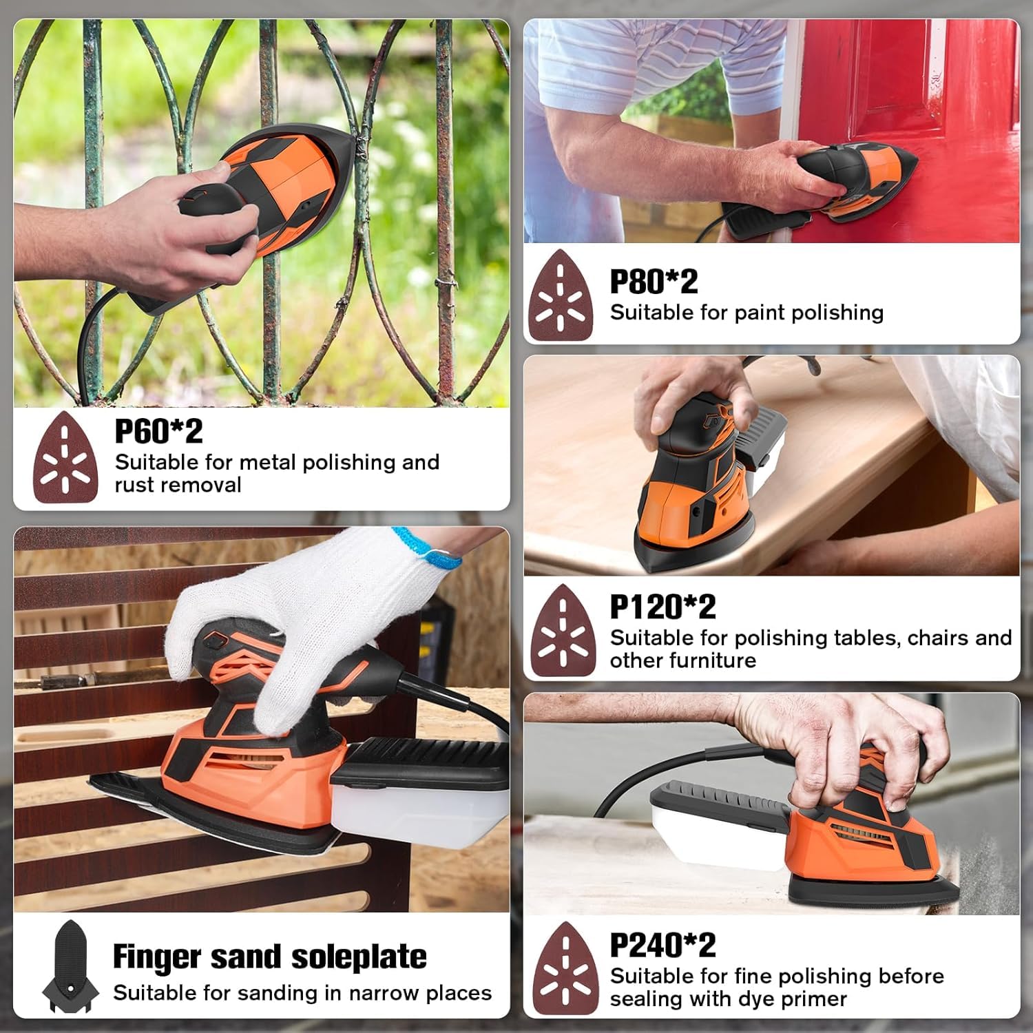 Vibrante Ponceuse Electrique 14000 tr/min Multifonction avec Ramassage de la Poussière, 24PCS Papiers Abrasifs, 130W Ponceuse Triangulaire pour Ponceuse de détail du Métal et du Bois