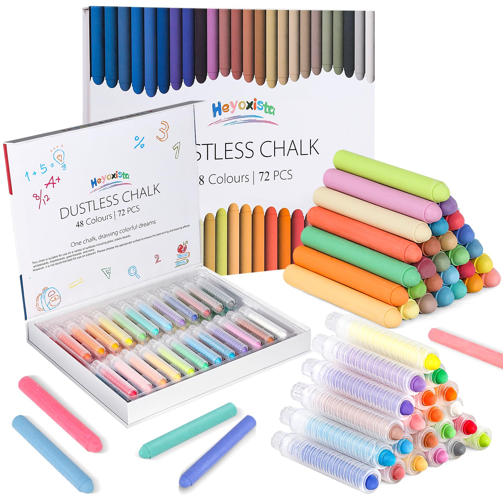 72Pcs Colored Dustless Washable Drawing Chalk Artists Set with 24 Holder - Non-Toxic Art & Drawing Supplies for Kids,Works on Glass/Paper/Wood/Tile (Avoid Rough Textures,Not For ROUGH Chalkboard Use)