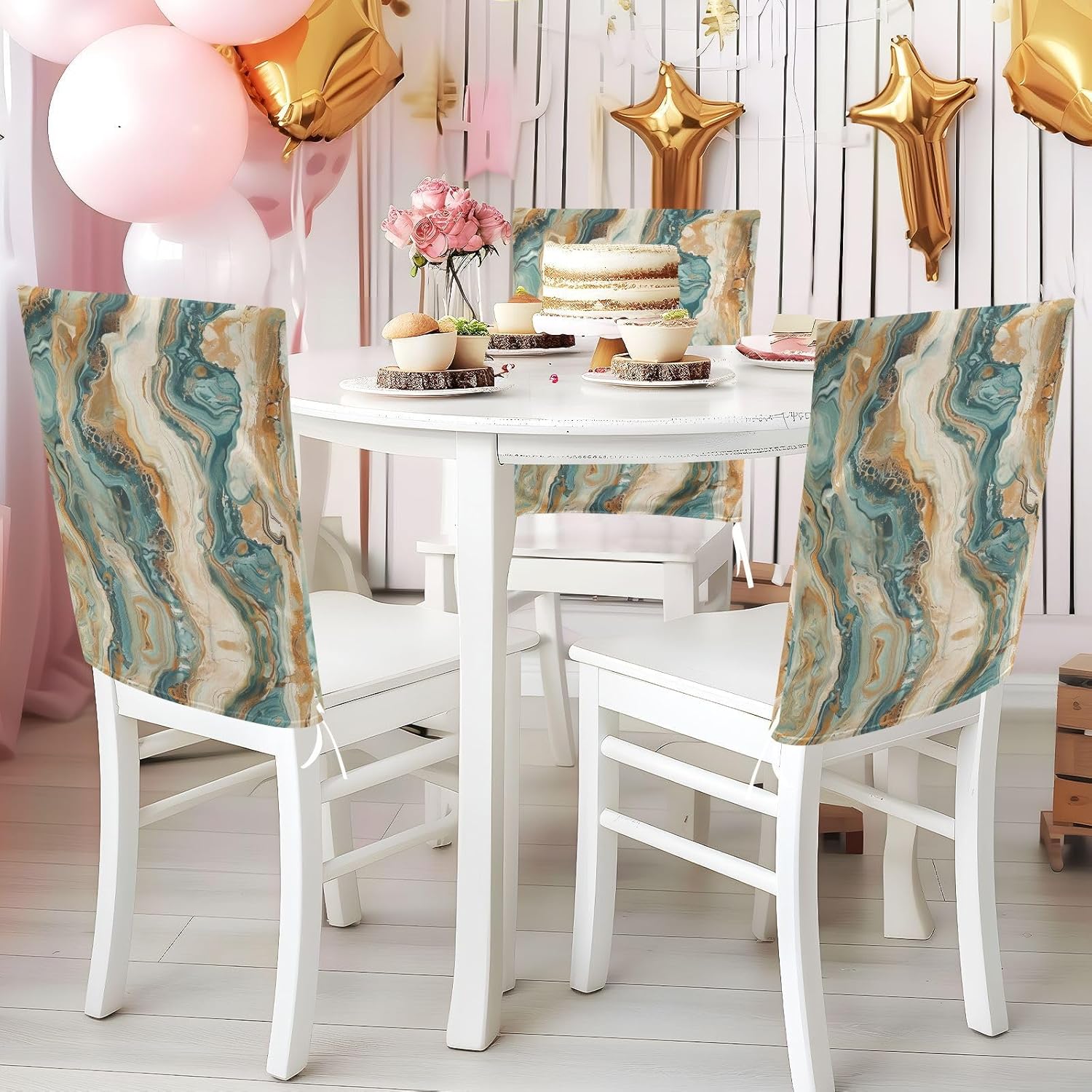 ALAZA Retro Marble Chair Back Cover Set of 6, Washable Reusable Removable Chair Slipcovers Decorative Chair Cover for Home Kitchen Wedding Party
