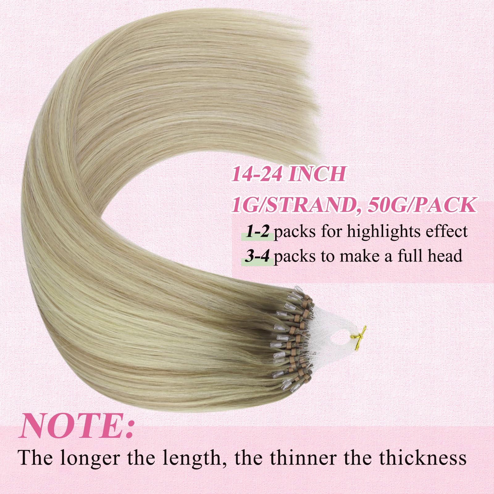 YoungSee Microring Extensions Echthaar Ombre 55cm Microring Hair Extensions 1g/s Micro Loop Extensions Echthaar Aschblond mit Platinblond Micro Beads Hair Extensions für Frauen 50g 18/60A/60