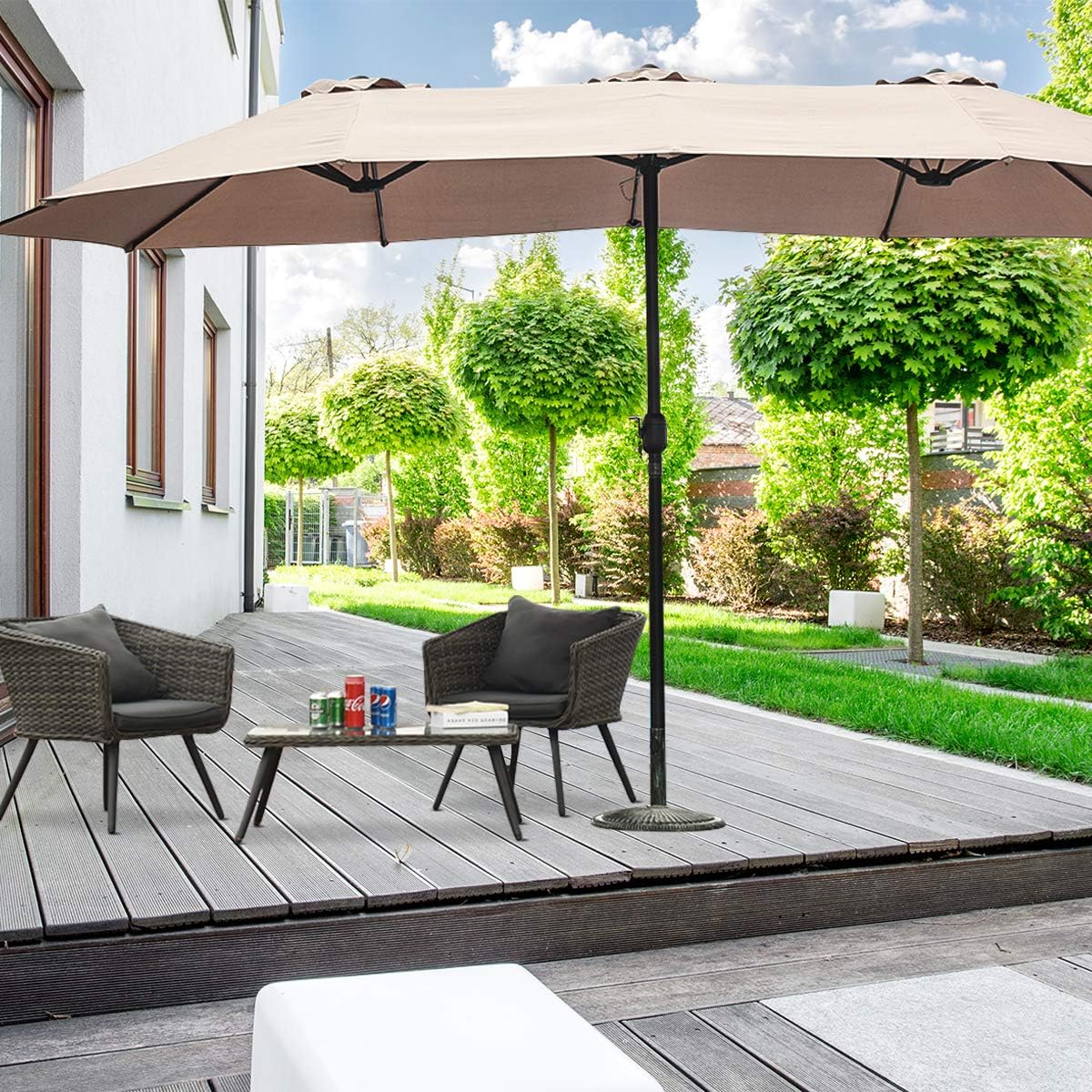 Tangkula 15 Ft Patio Umbrella Double-Sided Outdoor Market Table Umbrella with Crank (Beige)