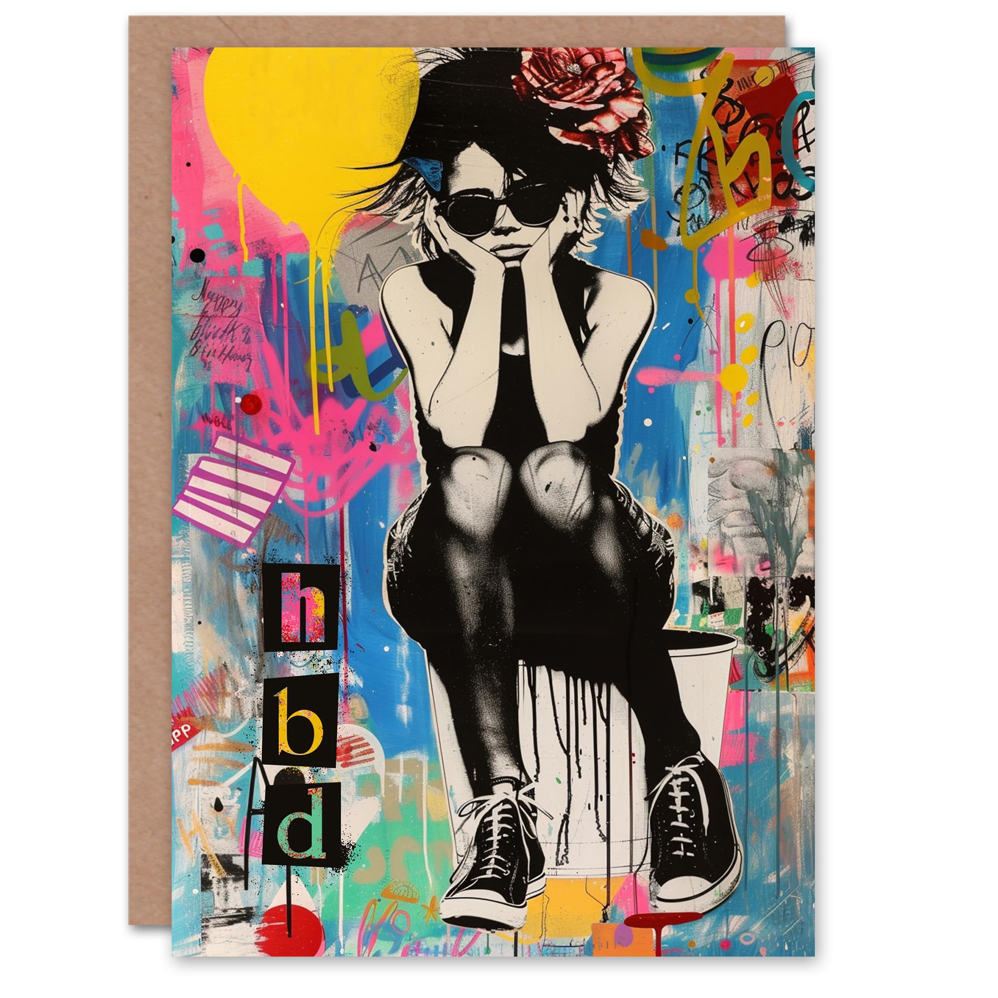 Artery8 Birthday Card HBD Grumpy Punk Girl Bright Colourful Graffiti For Her Gran Sister Niece Daughter Wife Woman Greeting Card