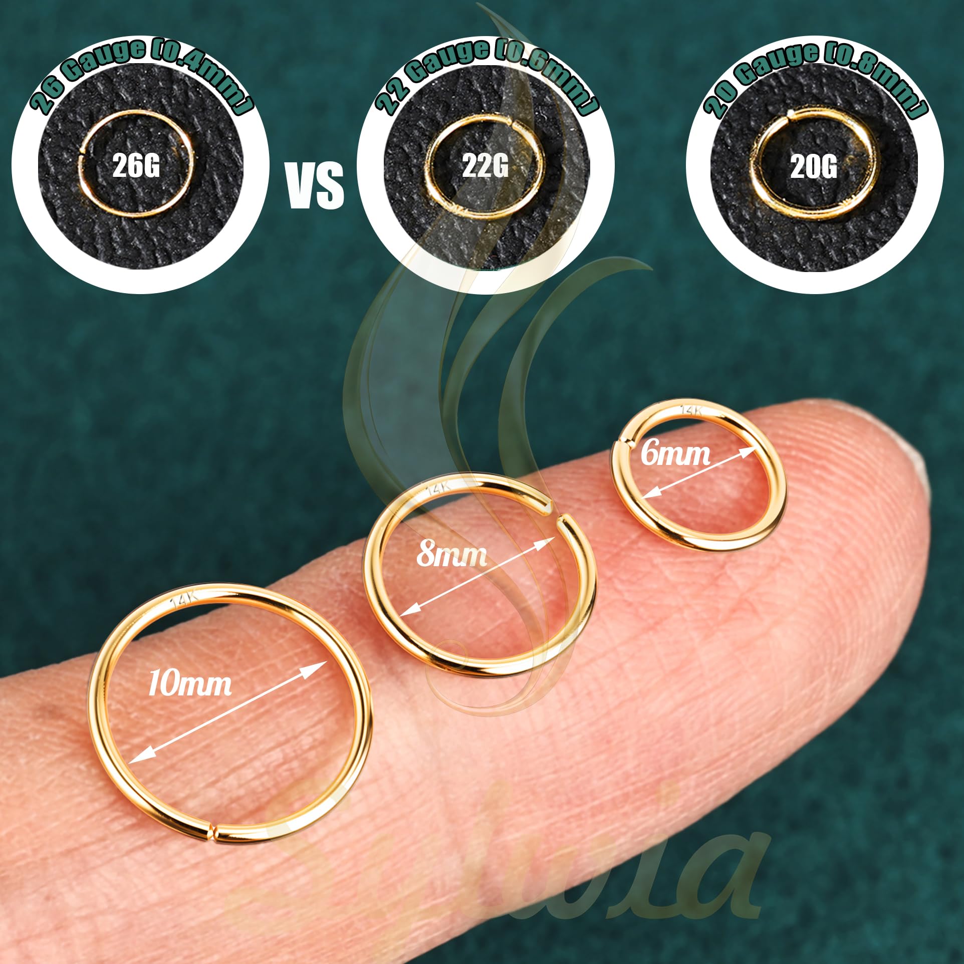 SYLWIA Cienka obręcz do nosa z 14-karatowego złota, ręcznie robiona, 26 g/22 g/20 g, biżuteria, średnica 6/8/10 mm, hipoalergiczne, prawdziwe złoto, kolczyki do nosa dla kobiet mężczyzn
