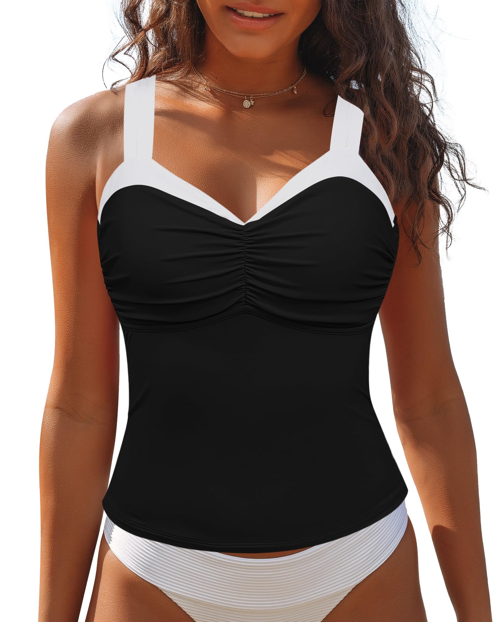 GRAPENT Tankini Tops for Women Colorblock Ruched Swimsuits Beach Padded Adjustable Straps Modest Swimwear Swim Tops Only