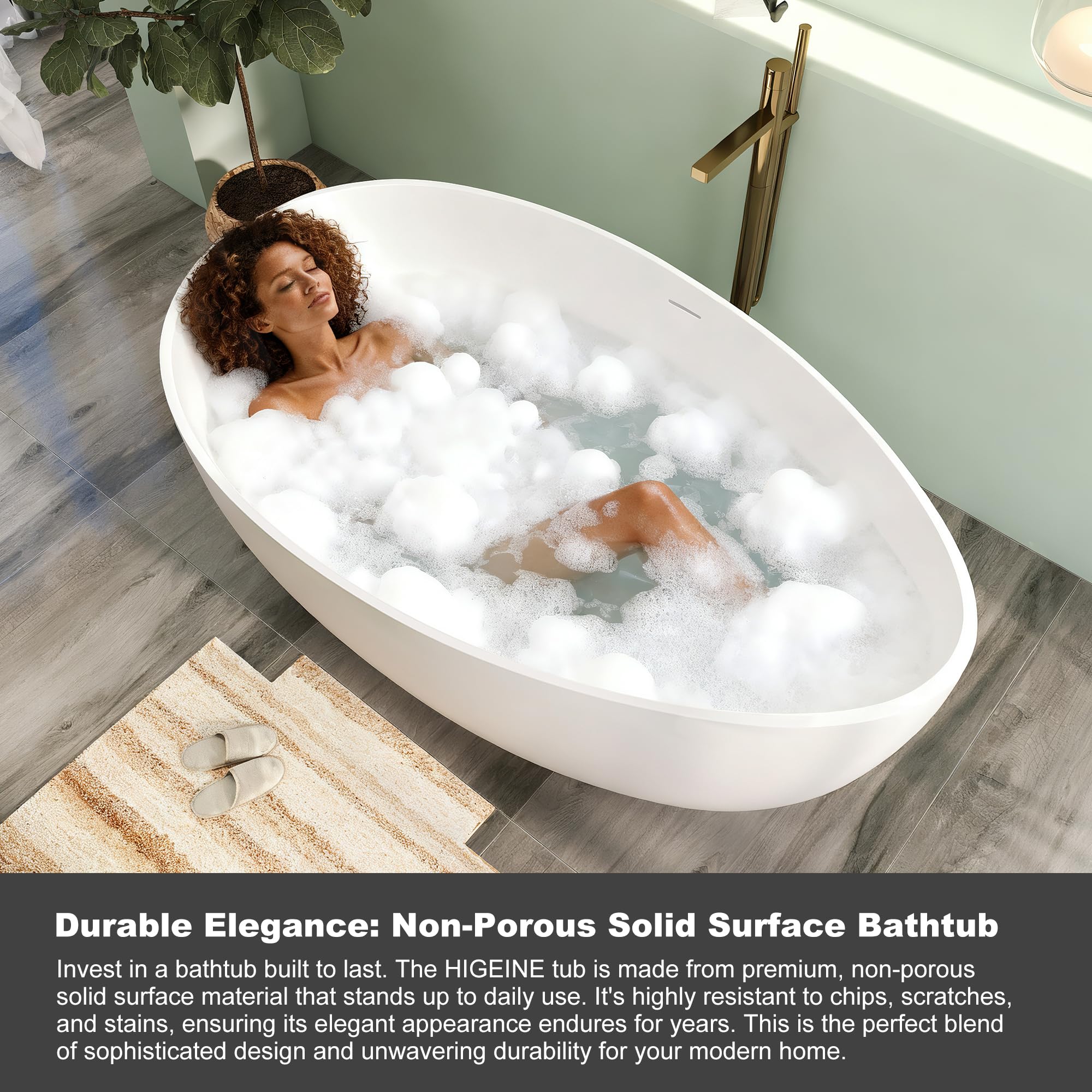 Vasca da bagno indipendente con superficie solida di alta qualità, 180,3 cm, vasca ovale in resina con troppopieno e scarico pop-up, bianco opaco