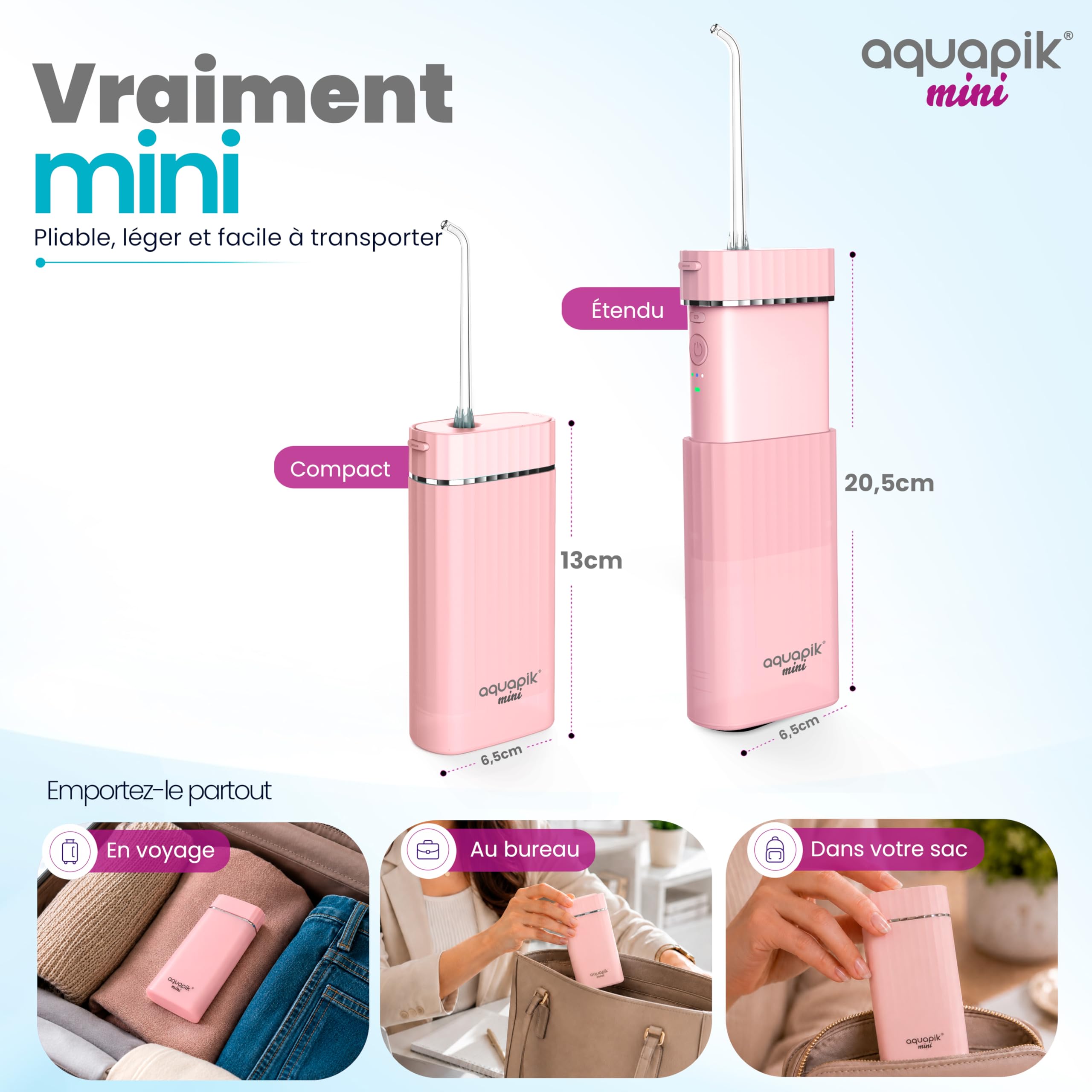 Aquapik® Mini Hydropulseur Dentaire Portable 200 ml, réservoir télescopique, rechargeable USB-C, 3 modes de pression, étanche IPX8, idéal pour les voyages et le bureau, nettoyage dentaire profond.