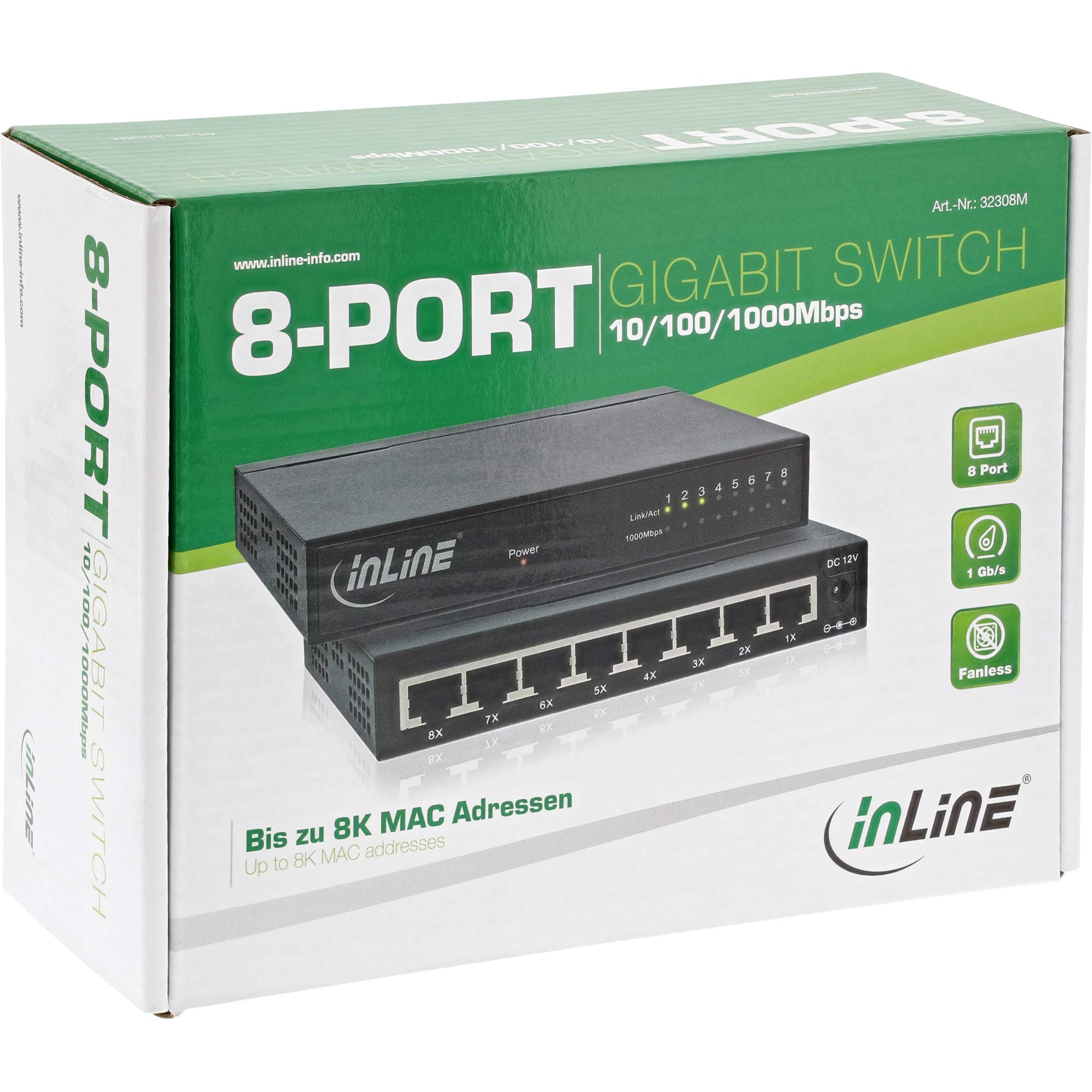 InLine 32308 m commutateur réseau 8 Ports Gigabit Ethernet 10/100/1000mb/S, Ordinateur de Bureau, en métal, sans Ventilateur, blindé Ports, Noir