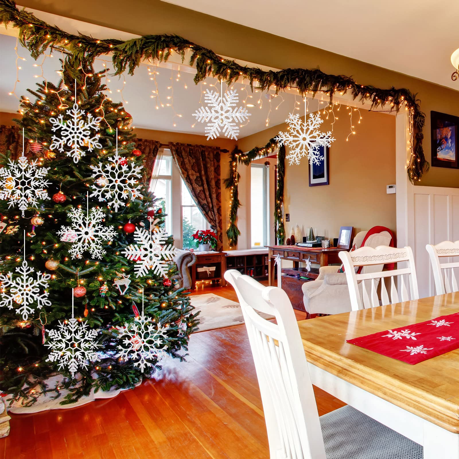 10 adornos de Navidad grandes de copos de nieve blancos de 12 pulgadas para exteriores, copos de nieve gigantes de plástico con purpurina, adornos colgantes de Navidad, vacaciones, invierno,