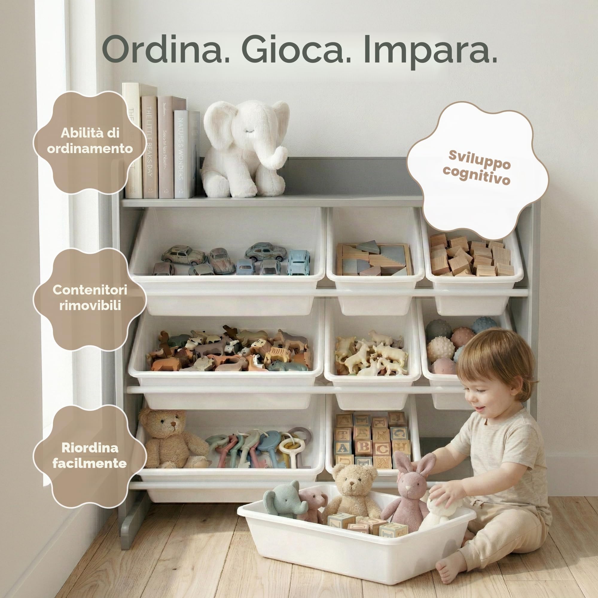 Humble Crew Scaffale Bambini Elegante: Organizer Giocattoli con 9 Contenitori, Design Grigio/Bianco Moderno, Perfetto per Camerette Chich e Ordinata