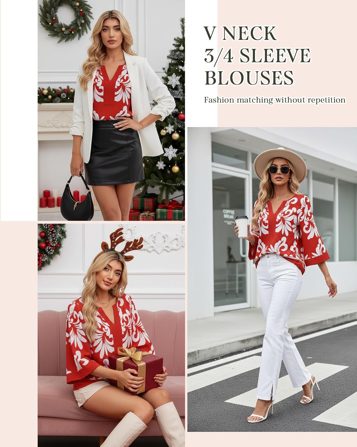 Bebonnie Women Blouses Dressy Casual 3/4 Sleeve V Neck Floral Loose Fit Tunic Tops - Image 5