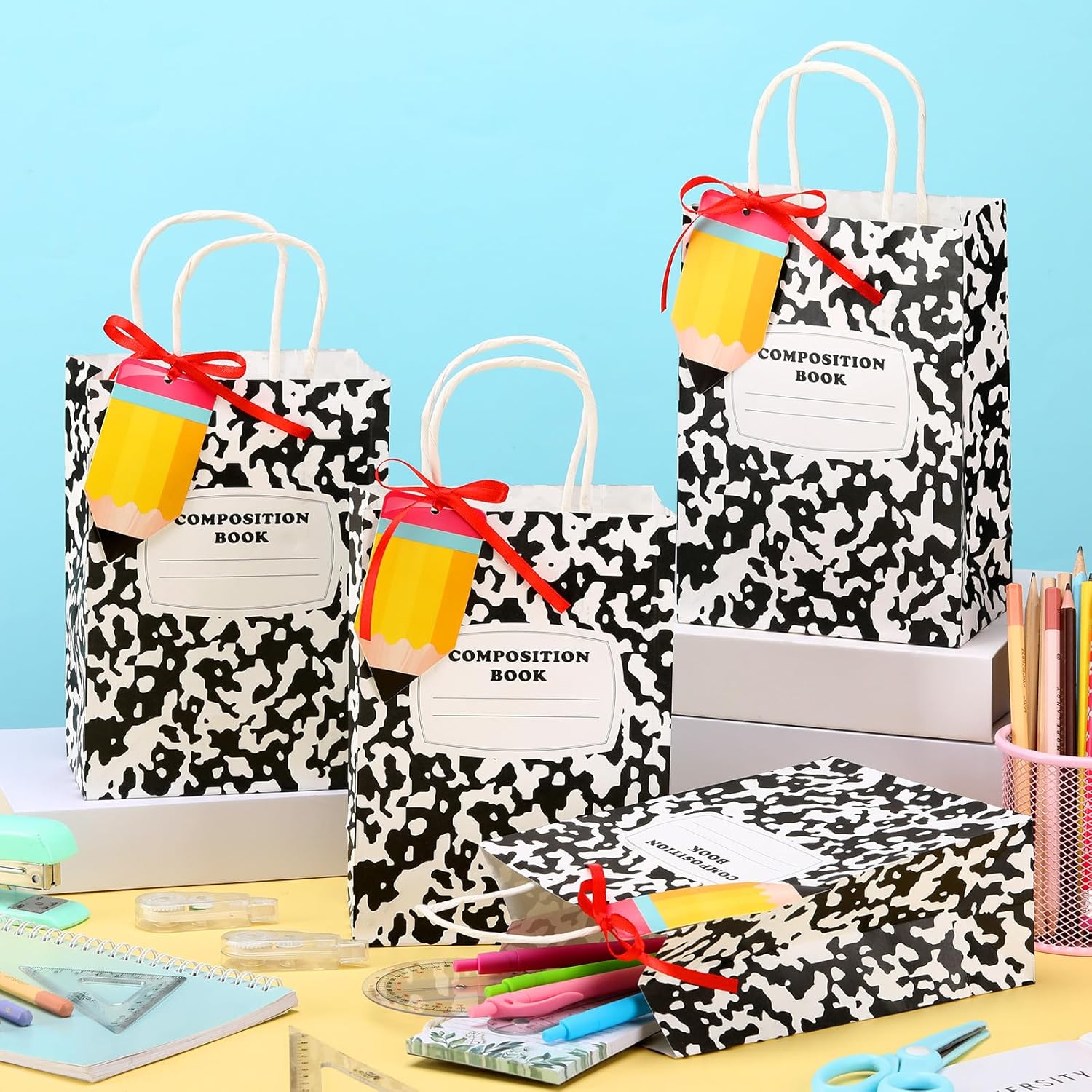 Kolldenn 24 Pcs Teacher Gift Bags Composition Paper Bags with Handles Notebook Line Valentine Teacher Gifts Treat Bag for Kindergarten Preschool Welcome Back Party Favors Wrapping (Composition) - Image 3