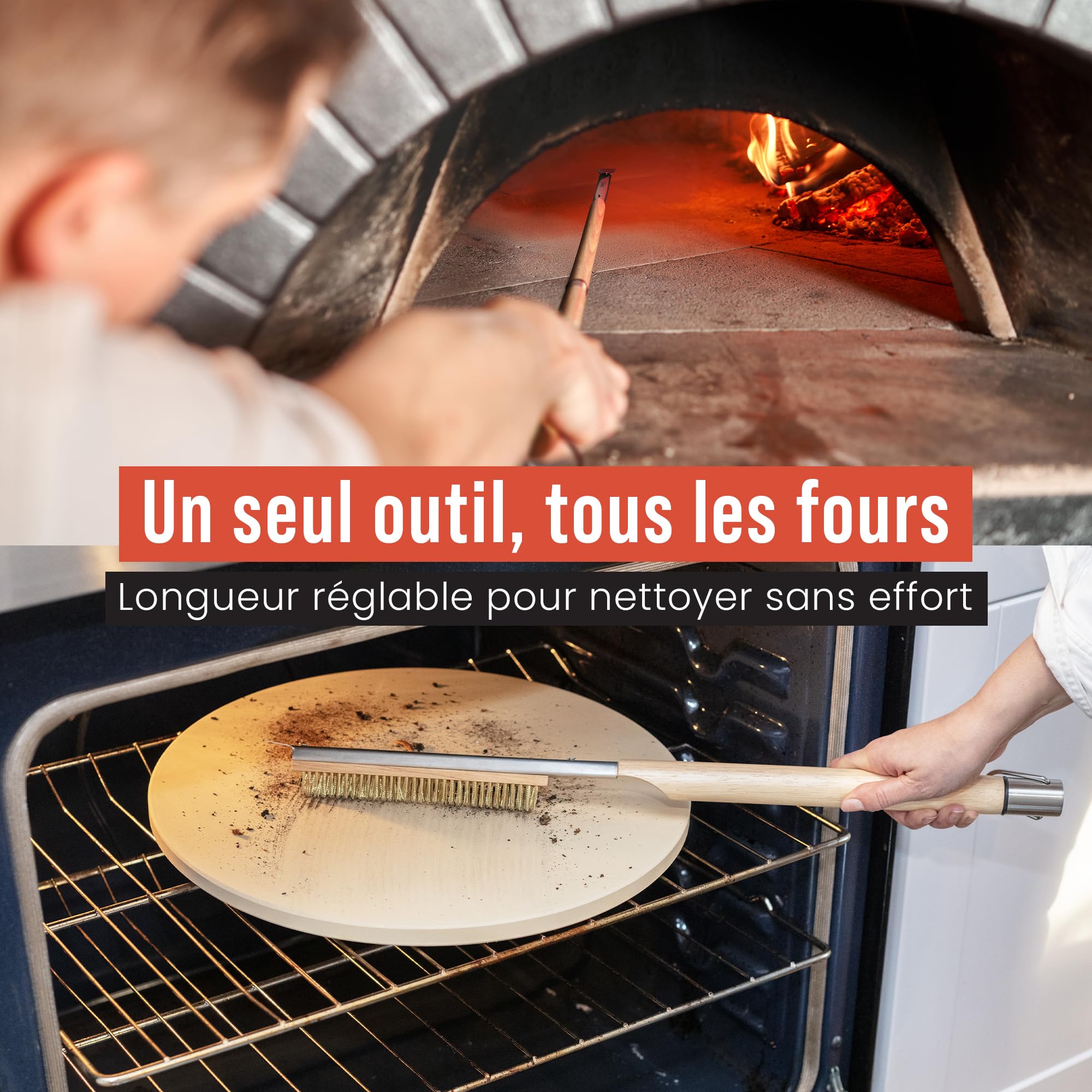 Chef Pomodoro Brosse de four à pizza - Poignée réglable (55-87,7 cm), accessoires de nettoyage pour four à pizza d'extérieur