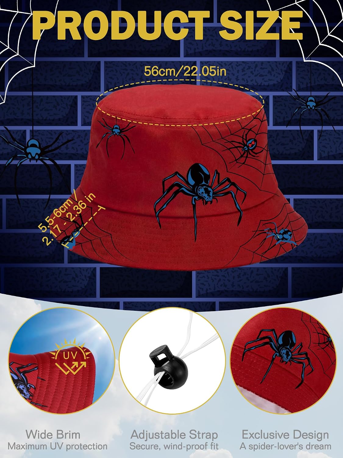Skicuff Spider Bucket Hats UPF 50+ Packable Beach Sun Protection | Wide Brim Sun Protection for Boys Girls, Spider Birthday Gift Theme Party Decor, Outdoor Beach Fishing, Adjustable Drawstring