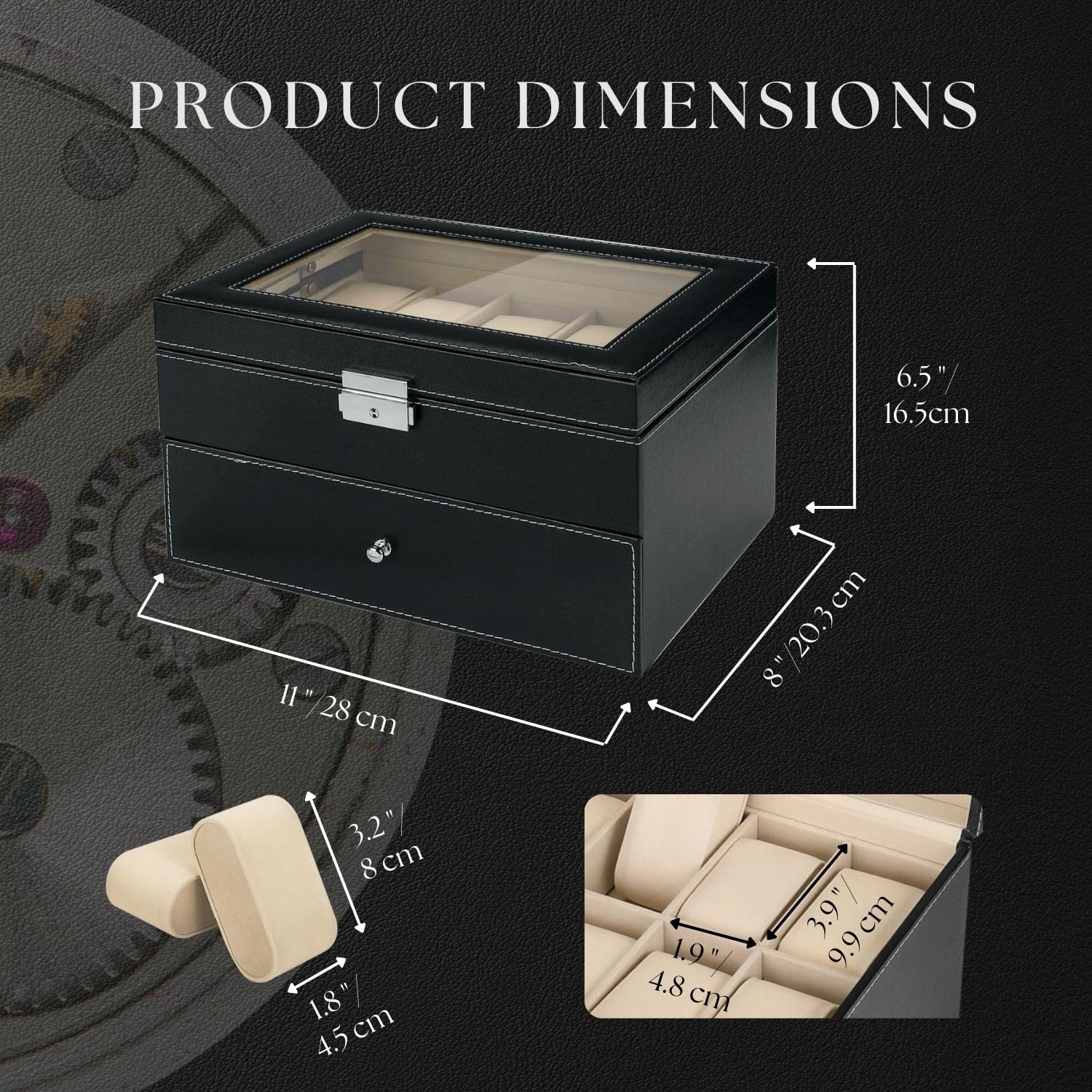 Flexzion Caja organizadora de relojes para hombres y mujeres, caja de almacenamiento de relojes con 20 ranuras con pantalla de cristal superior y almohadas extraíbles en cada ranura, fundas de reloj