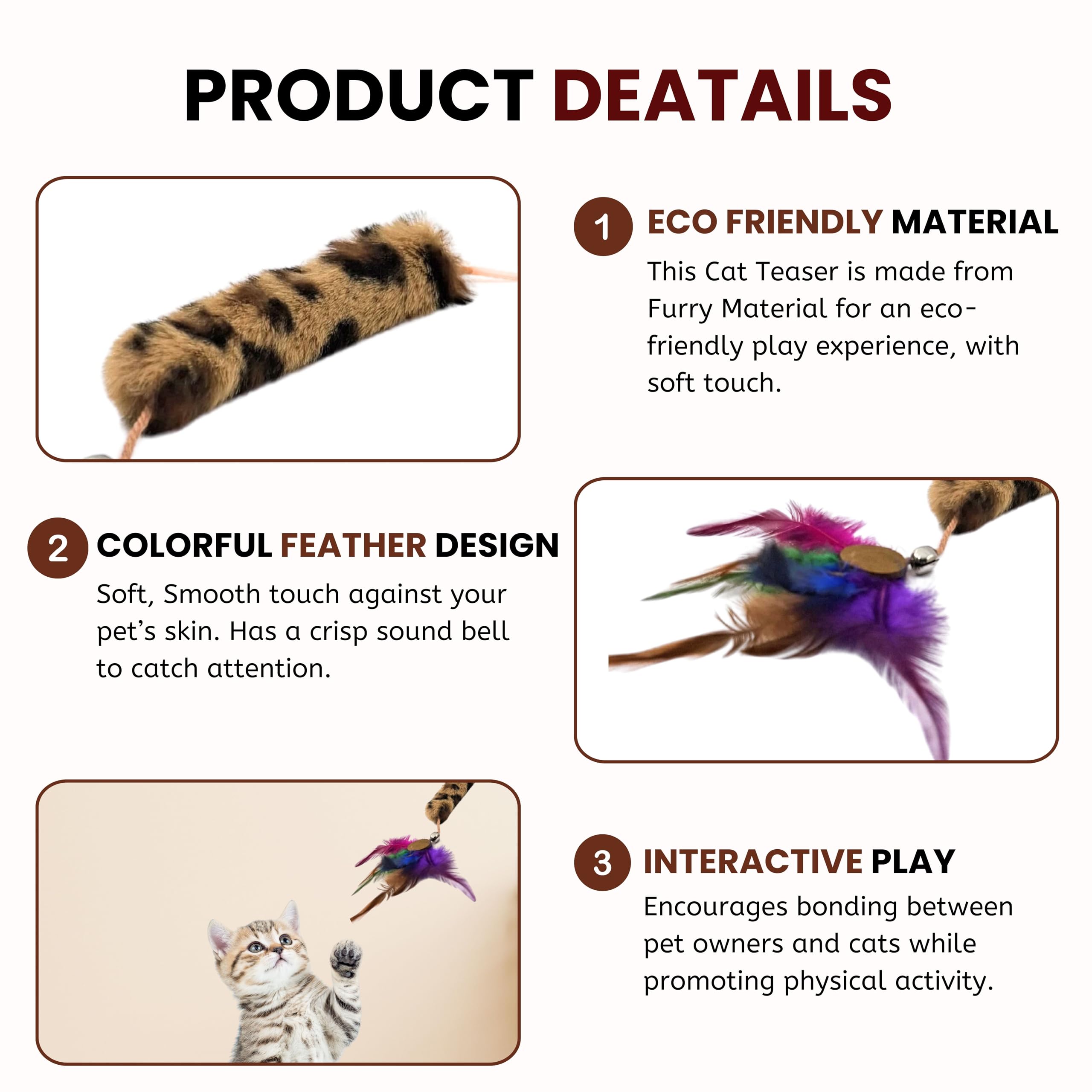 Foodie Puppies Interactive Wooden Teasing Stick with Funny Long Tassel - (Stripe Tail Teaser) | Teaser with Feather & Bell Suitable for Cats and Kittens | Indoor, Outdoor, Play & Exercise (Size: 41cm) 2