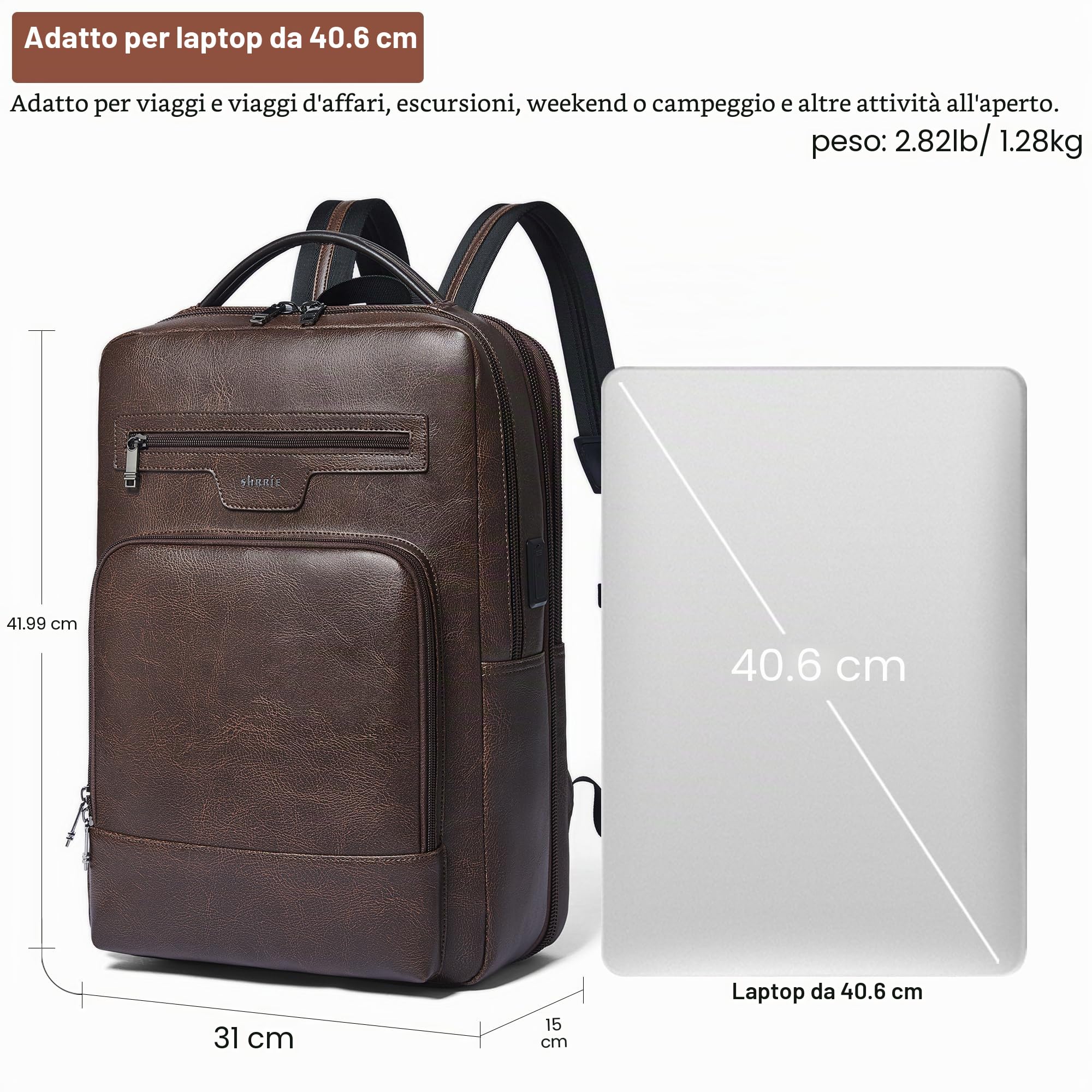 Shrrie cuoio laptop zaino per donne e uomini, 16 pollici impermeabile computer zaino, con connessione di ricarica USB，28 L estensibile lavoro Business Weekender College,Caffè