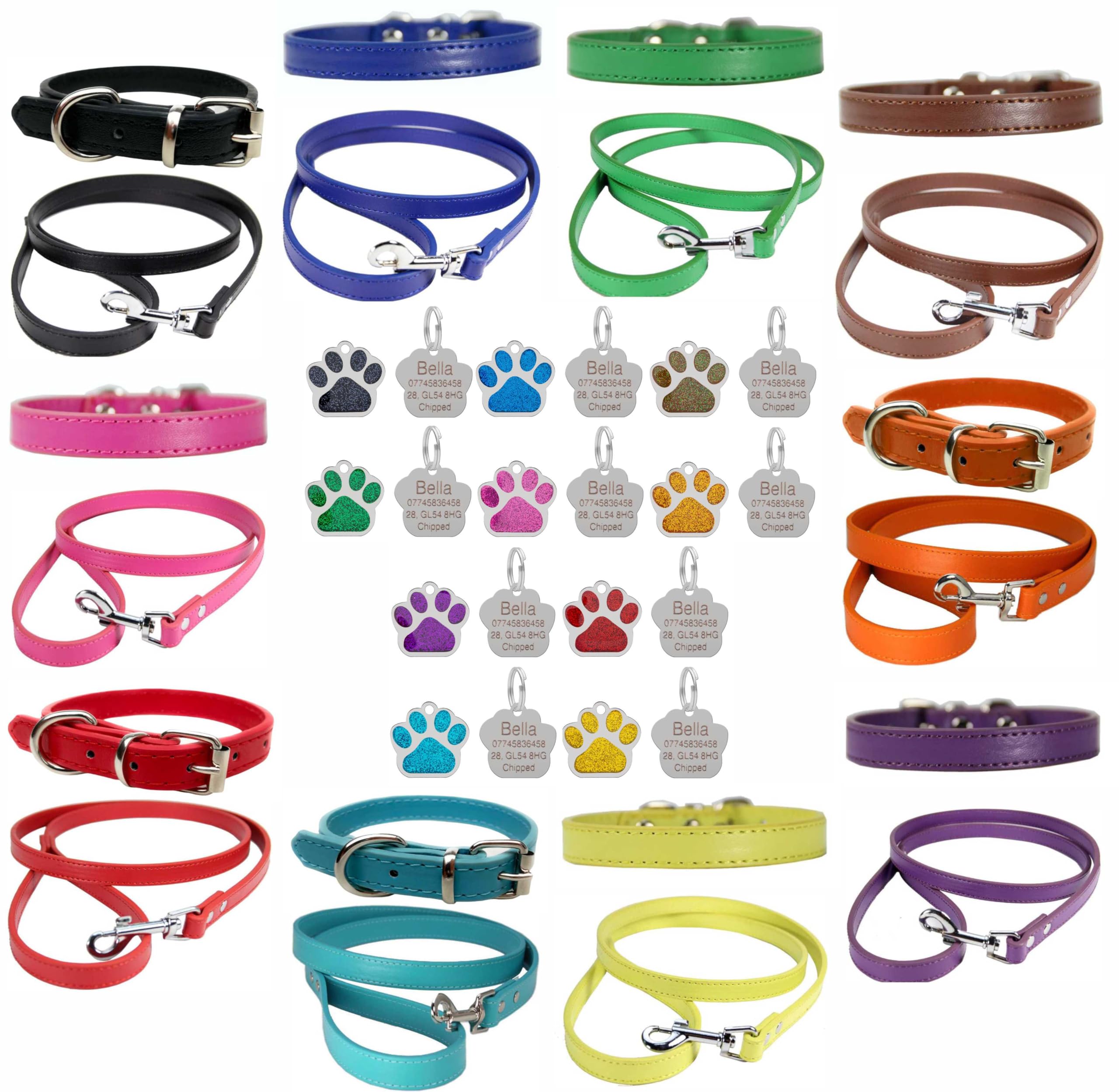Vibrant Leather Dog Collar & Lead Combo Set for Puppy, Dogs Small, Medium & Large With Personalised Engraved Glitter Paw Shaped Pet Tag (Medium (28cm - 36cm Neck), Black)