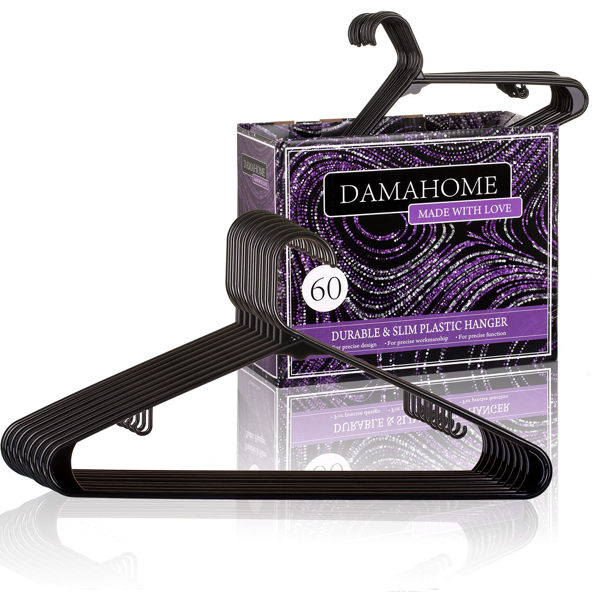 DAMAHOME Standard Plastic Hangers 60 Pack Suit Clothes Hangers with Hooks Durable Coat Hanger Lightweight & Space Saving Hangers for Everyday Use, Black