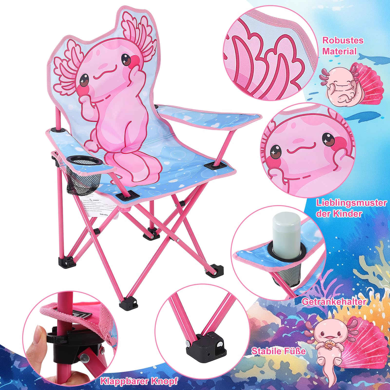 Silla de camping para niños con diseño de Axolotl, silla infantil para exteriores, con soporte para bebidas, silla plegable portátil, silla de jardín para niños, fuerte y estable, para picnic