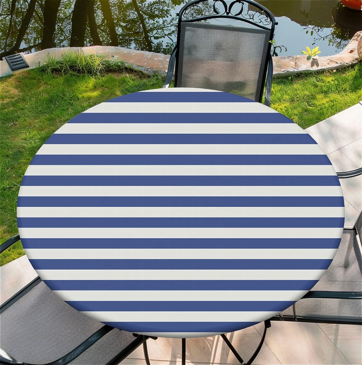 artslion Round Tablecloth Φ110cm/44in Wipe Clean Table Cloths with Elastic, Water-repellent Durable Scratch Resistant Table Cover Protector for Dining room, Balcony, Garden-Navy Blue Stripe