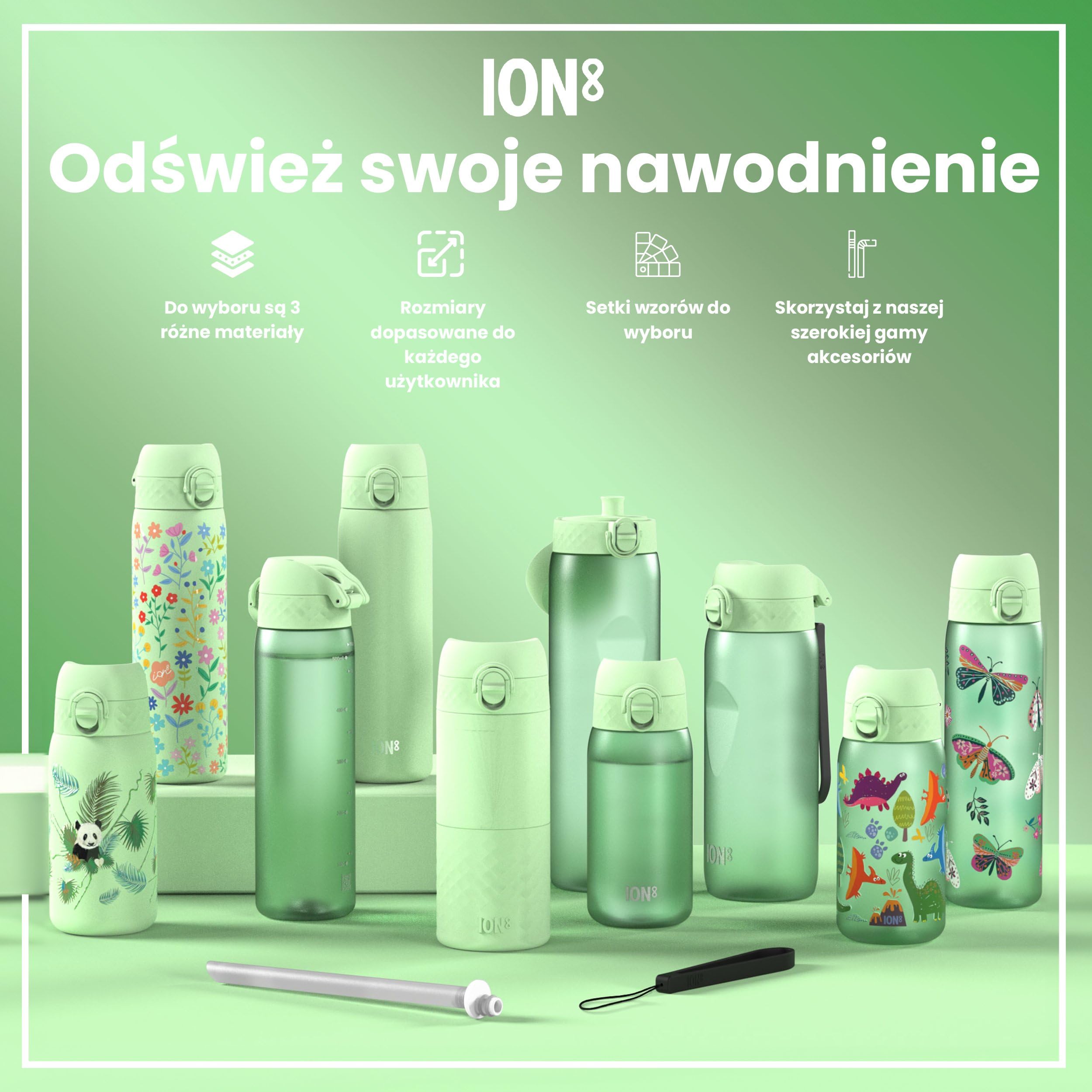 ION8 Butelka dla Dzieci, 350 ml/12 oz, Szczelna, Łatwa do Otwarcia, Bezpieczny Zamek, Można Myć w Zmywarce, Bez BPA, Uchwyt do Przenoszenia, Łatwa do Czyszczenia, Bezwonny, Pandy