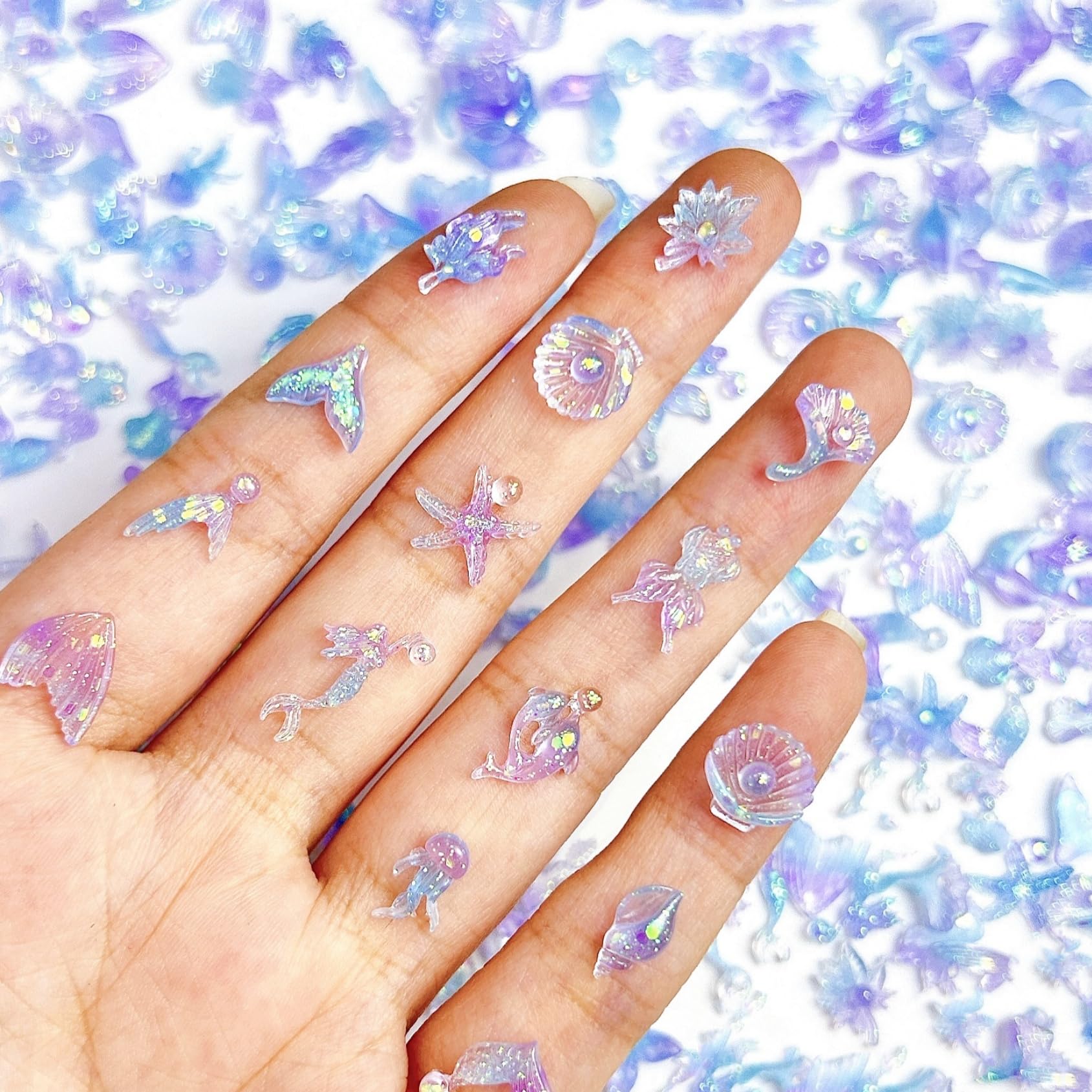 100Pcs Ocean Theme Nails Charms Mermaid Jellyfish Seashell Starfish Nail Rhinestones Glow in The Dark Nail Designs Cute Summer Nail Gems Nail Jewelry Seaweed Shells Nail Art Charms for Women Nail Art-image-41