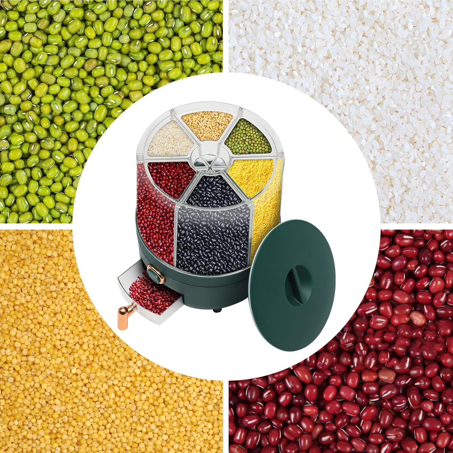 Large Cereal Containers Storage Rotating Rice Dispenser Dry Food Dispenser with 6 Compartments Kitchen Grain Storage Container Holder for Rice and Beans (Green+Clear)