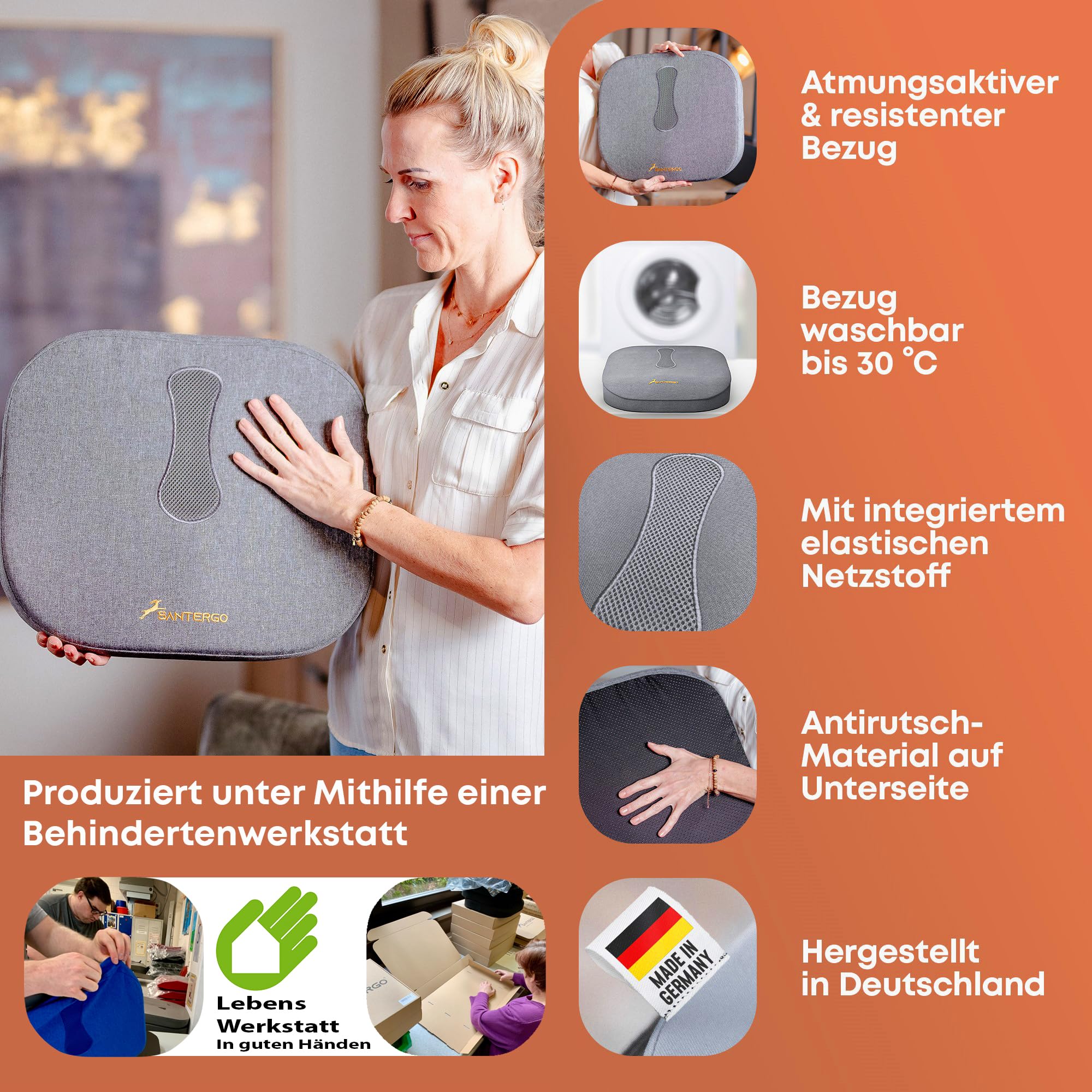 Orthopädisches Sitzkissen [PATENTIERT & FORMSTABIL] - Sitzkissen für Bürostuhl und Stuhl - Sitzkissen Stuhl, Sitzauflage Bürostuhl, Steißbeinkissen, Sitzpolster (Gray-MEDIUM 65-95 kg)
