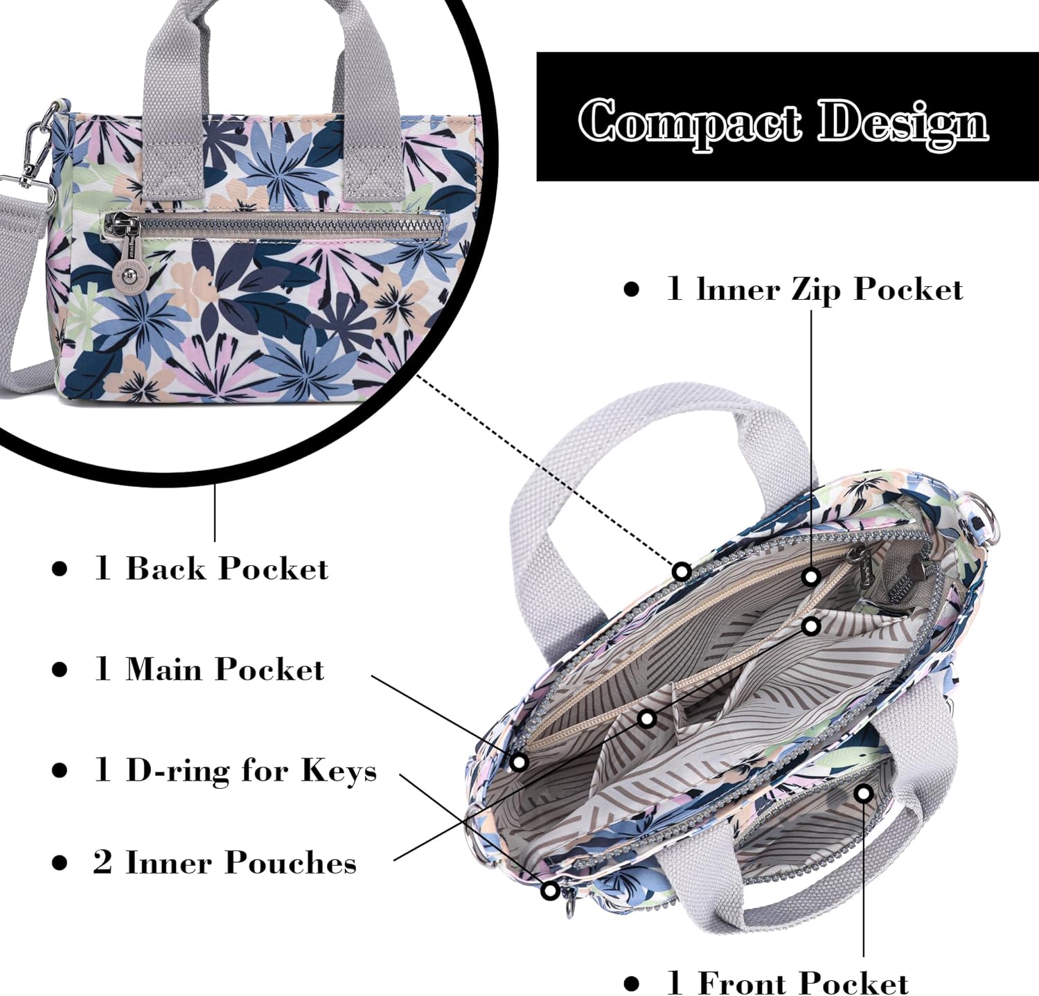 AOCINA Small Tote Bag With Zipper Mini Nylon Crossbody Bags for Women Work Everyday Multi Pocket Lightweight Satchel Purse