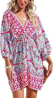 Women's Plunging V Neck Backless Beach Dress Paisley Boho Blouson Sleeve Back Tie Waist Tie Mini Summer Dresses - Buy now