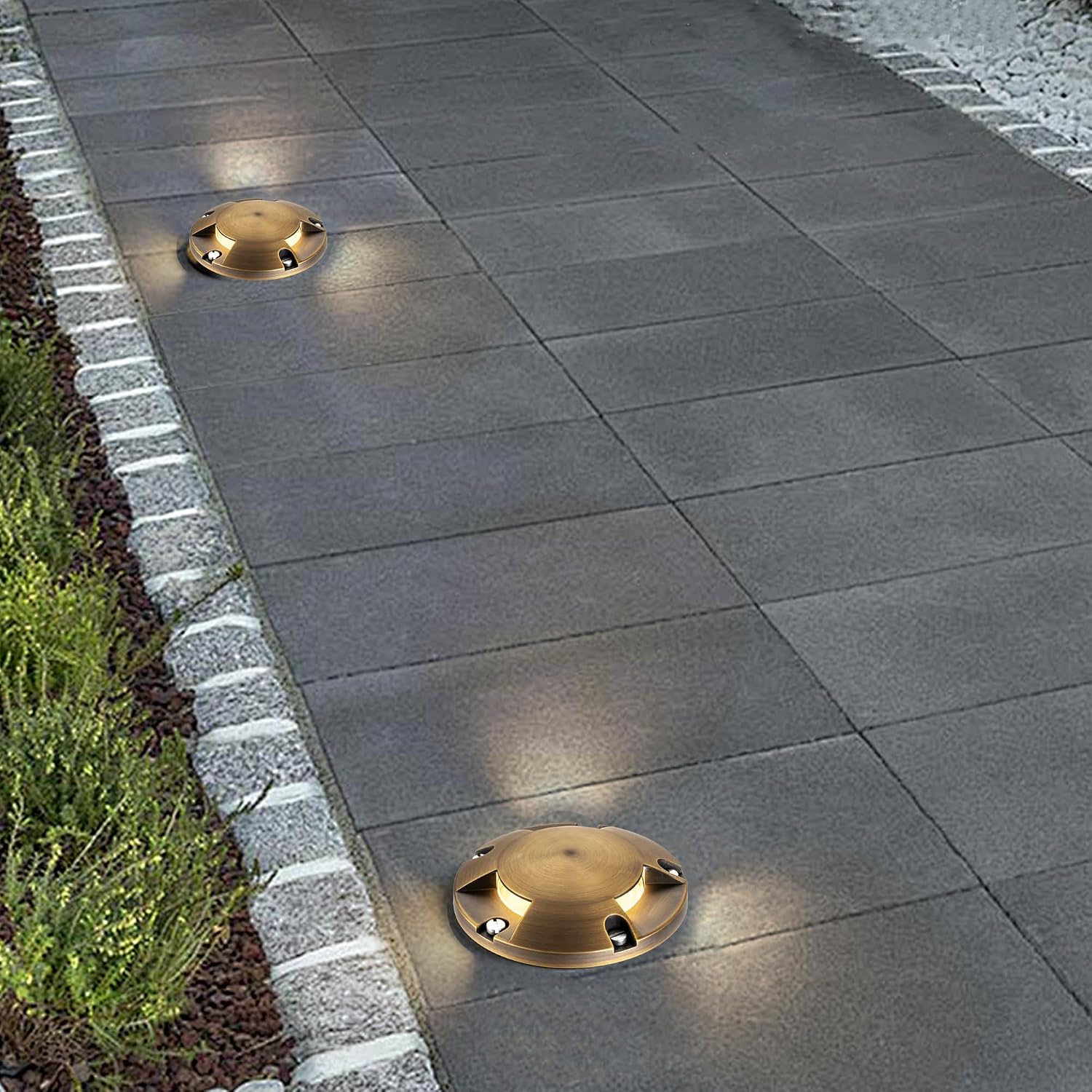 LumStory 4-Pack Brass Well Lights Landscape LED Low Voltage Landscape Lighting 12V Outdoor In Ground Lights for Deck and Garden, Pathway, Driveway, with MR16 Bulb Warm White (Three-Direction Turret)