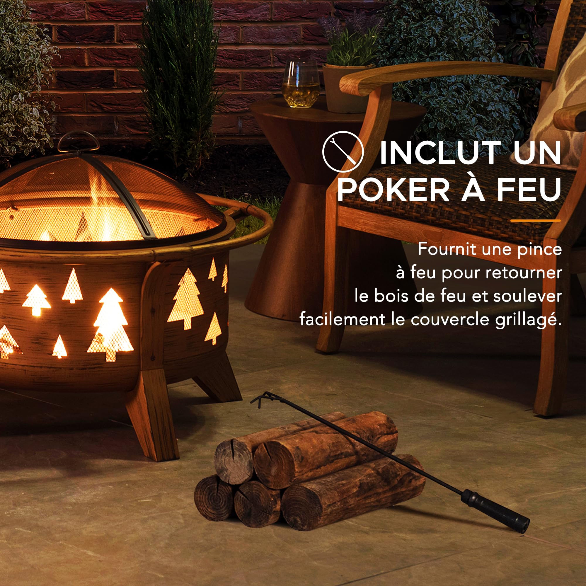 SUNJOY Foyer de Jardin, diamètre 76 cm, Brasero Rond en Acier avec Grille Pare-étincelles et tisonnier, Foyer à Bois d'extérieur pour terrasse, Couleur cuivre, Design Sapin de Noël