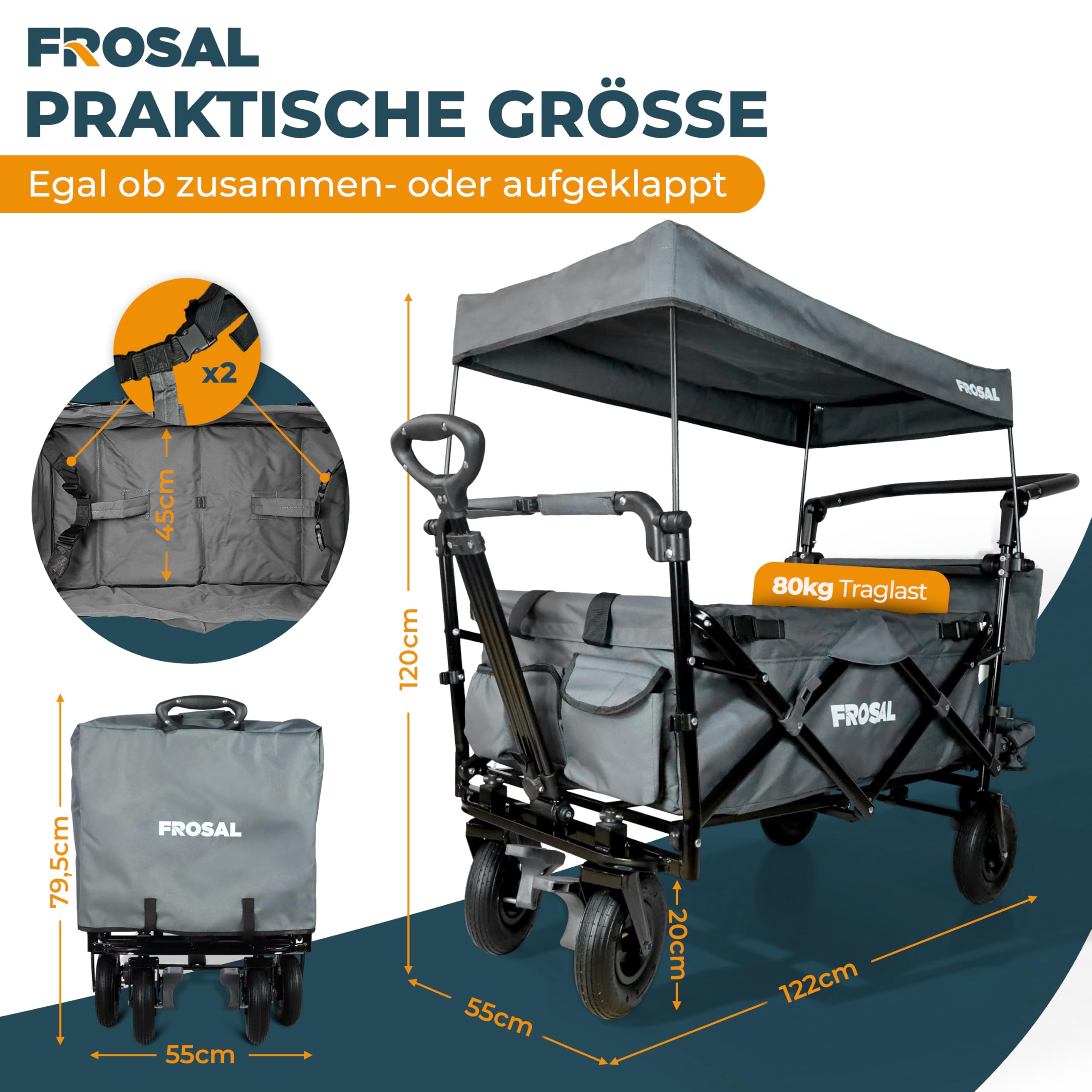FROSAL Bollerwagen Leo faltbar mit Luftreifen & Dach – Handwagen klappbar für Strand, Camping & Garten – 80kg belastbar – mit Bremse, Schiebegriff & Zugstange – Transportwagen Kinder grau