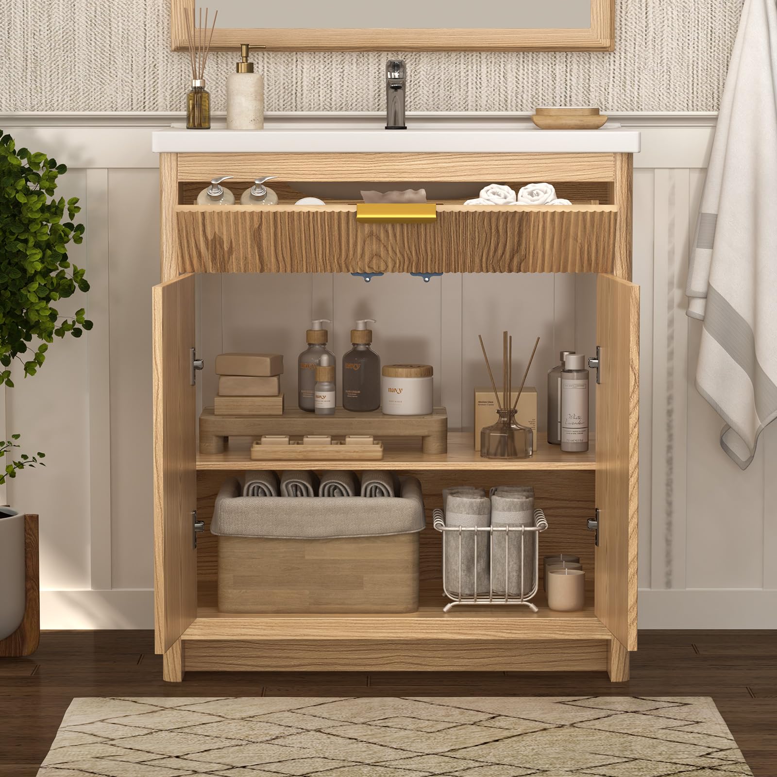Szafka pod umywalkę 80 cm z umywalką ceramiczną, umywalka z szafką dolną i zestawem mebli łazienkowych, drzwi Soft-Close, odporna na wilgoć MDF, łatwy montaż, wygląd drewna