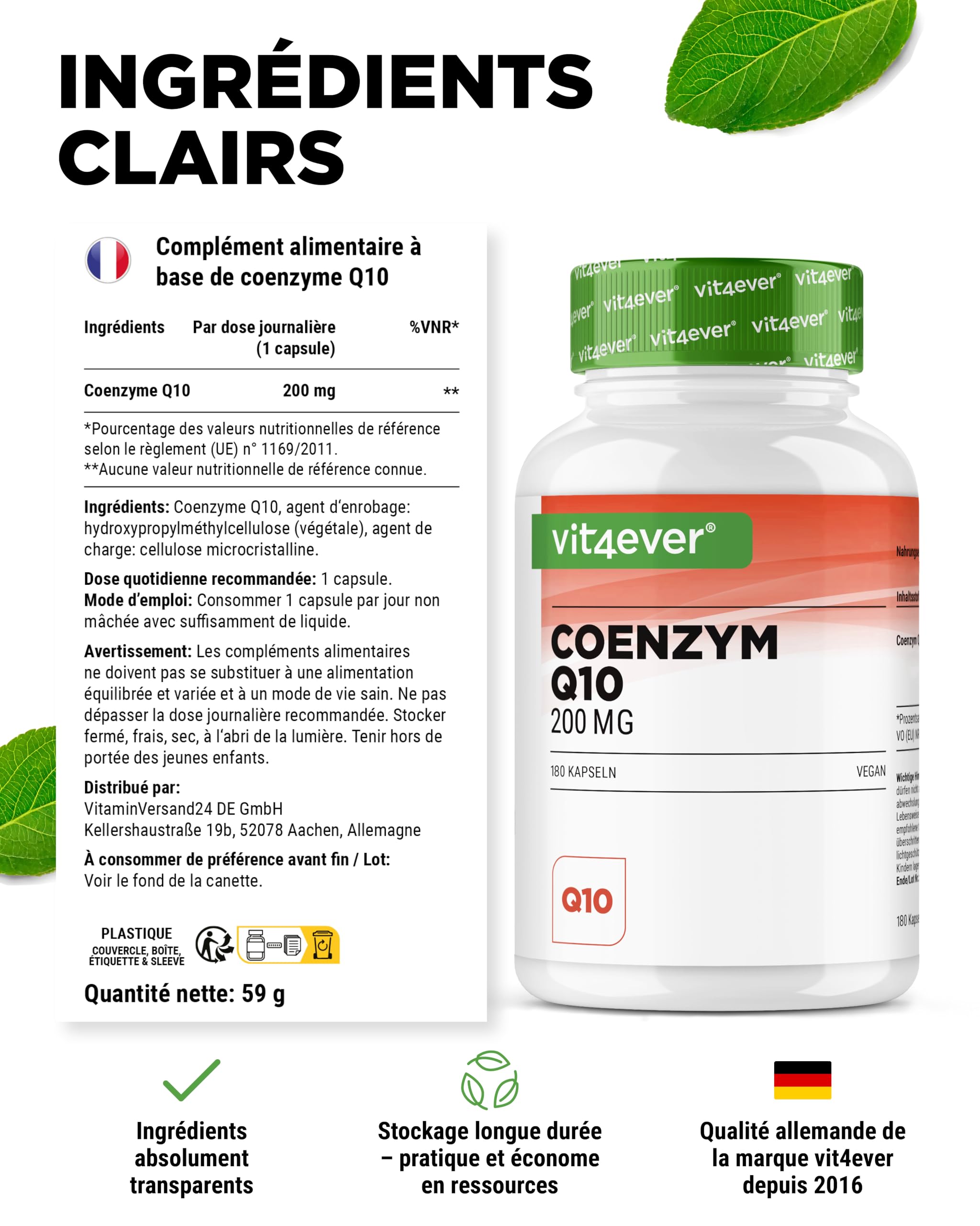 Coenzyme Q10 avec 200 mg par Gélule - 180 Gélules Vegan - 6 Mois de Réserve - Q10 de Haute Qualité - Hautement Dosé, sans Additifs Inutiles