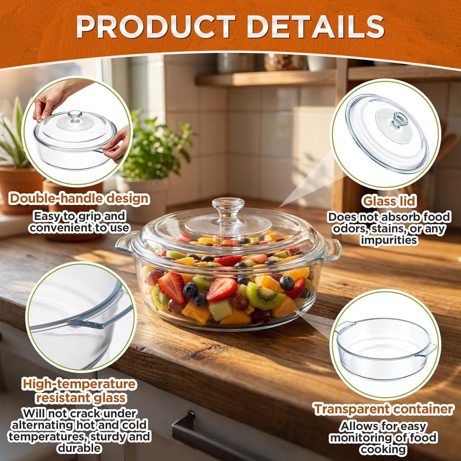 2 Pack 1.8 Quart Glass Casserole Dish with Lid, Mini Glass Baking Dishes for Oven, Round Covered Cookware for Kitchen Restaurant Home Party Reheatig Cooking, Microwaves, Oven Safe, Clear
