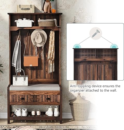 Miniatura 4 de Merax Árbol de pasillo con 4 ganchos y tapa con bisagras, perchero, banco de entrada, banco de almacenamiento, diseño 3 en 1, para entrada, pasillo