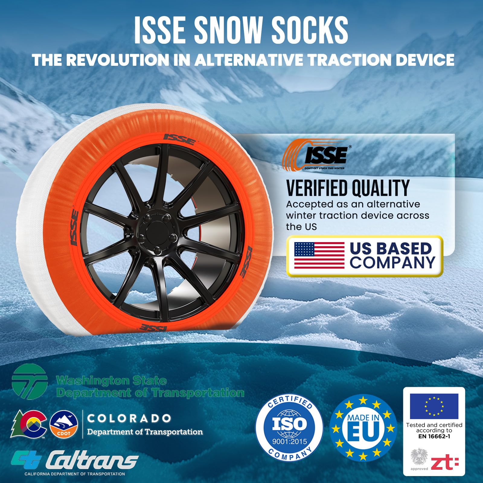 ISSE - Cadenas De Nieve PREMIUM Para Coche Super T-70 Homologación EN 16662-1 - Uso Diario en Nieve y Hielo - Kit de 2 Fundas textiles para Nieve Universales + Guantes
