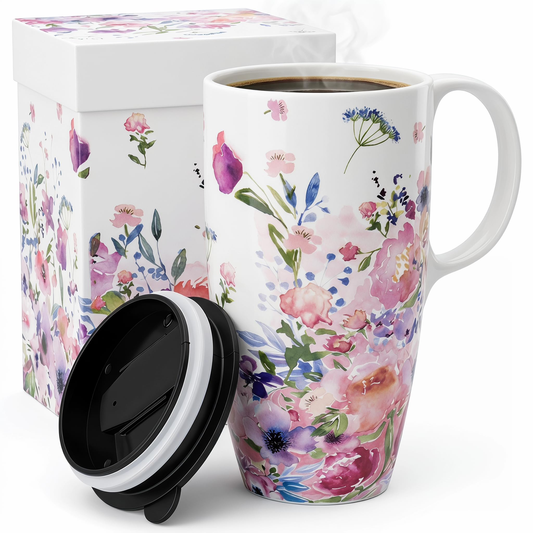 Topadorn 17oz Ceramic Travel Mug with Lid, Floral Coffee Mug with Handle