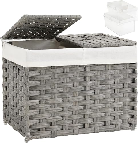 Miniatura 9 de Canasta de almacenamiento con tapa, canastas tejidas de ratán con 2 tapas separadas, 17.2 galones (65 L), 22 x 13 x 13.8 pulgadas, plegable, 2