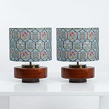 DREAMY WALLS 14'' Turtle-Shaped Table Lamp for Bedroom, Living Room | Wooden Base Bedside Night Lamp with Printed Shade | E27 Holder | Easy Assembly, 10.5x14x7.5 Inches, Teal Garland Shade(Pack of 2)