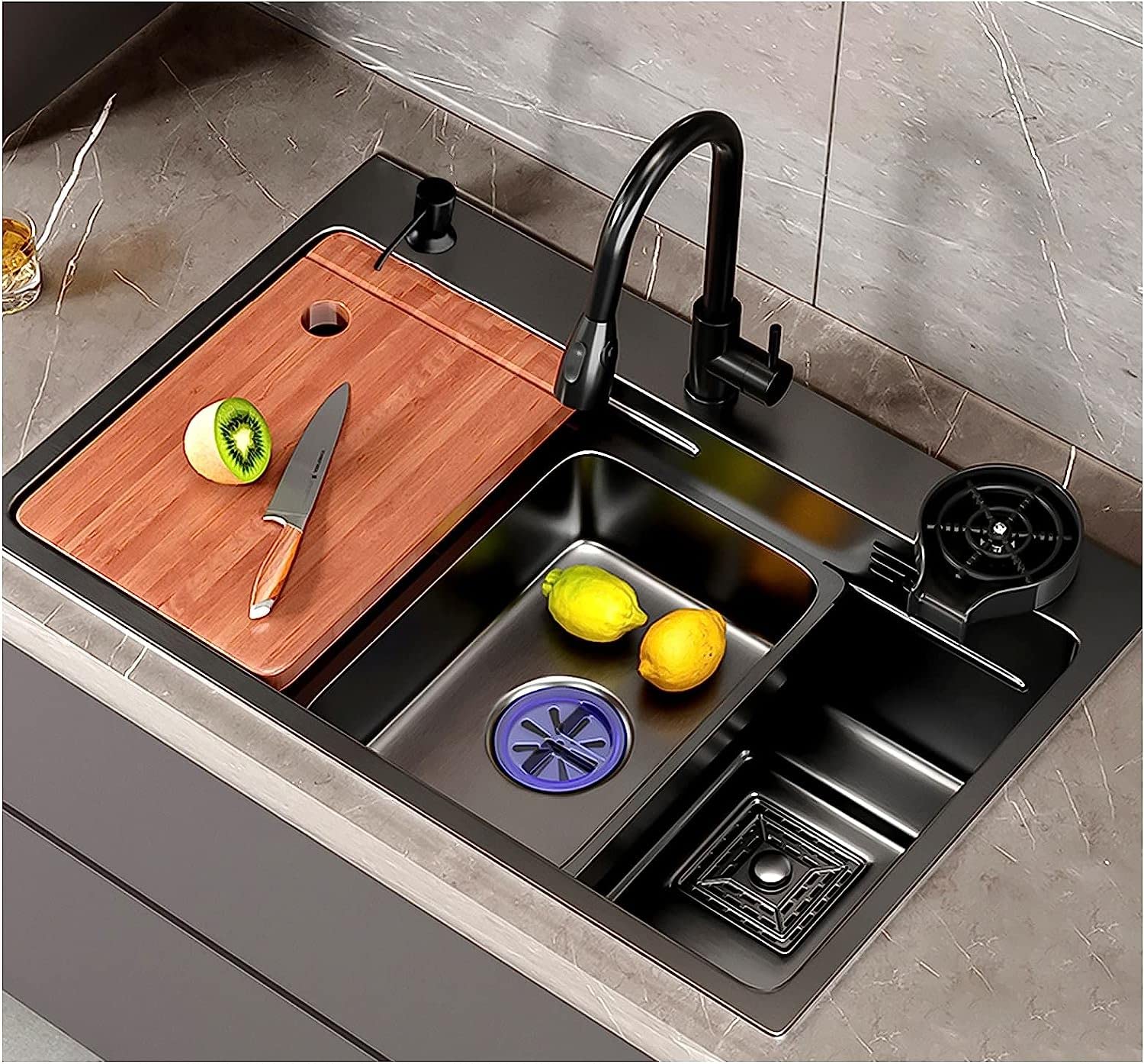Fregadero de cocina con grifo extraíble y accesorios para instalación moderna en el hogar