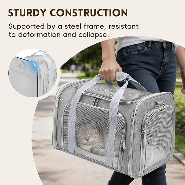Cat Carrier Soft, Dog Carriers for Small Dogs/Large Cats (Up to 16lbs), with High Breathability, Shoulder Strap, Removable Pad, Pet Carrier Airline Approved, for Home Outdoor Travel (Gray) - 5