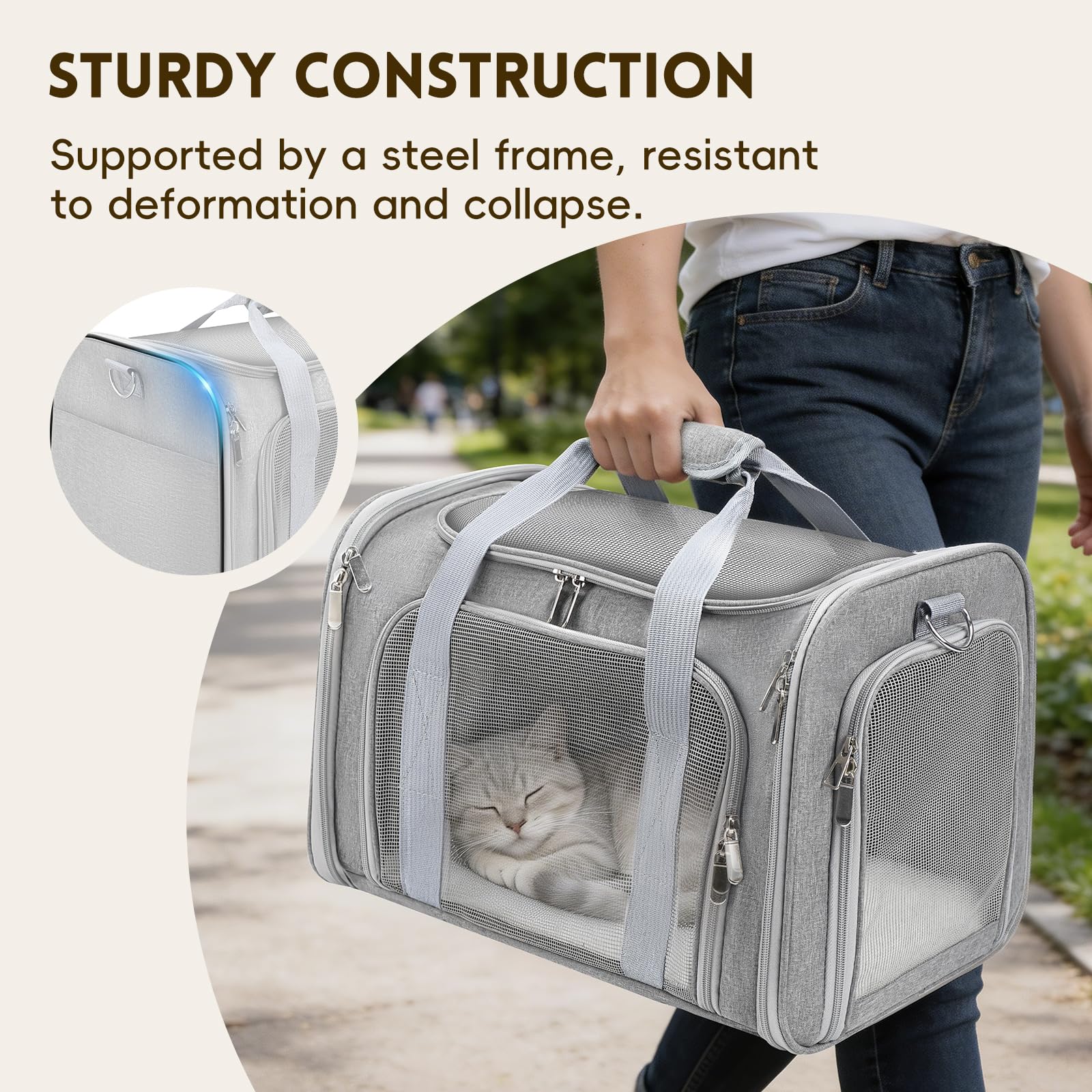 Cat Carrier Soft, Dog Carriers for Small Dogs/Large Cats (Up to 16lbs), with High Breathability, Shoulder Strap, Removable Pad, Pet Carrier Airline Approved, for Home Outdoor Travel (Gray) - 5