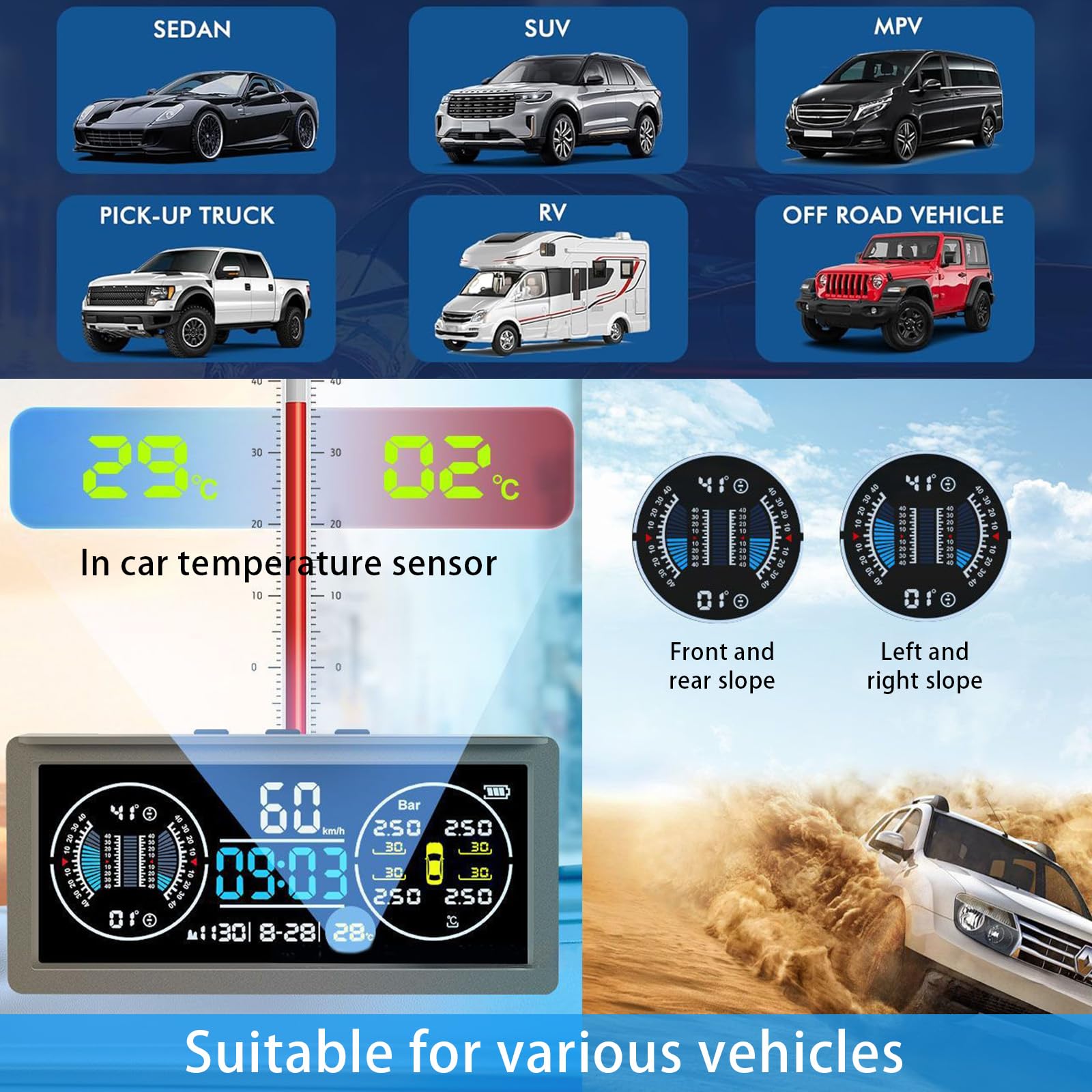 Multifunktional Reifendruckkontrollsystem, TPMS mit 4 Externen Sensoren | Solaraufladung Monitor Universal Geschwindigkeit mit Farbiger LCD Anzeige 9.9BAR/199Psi für Van RV LKW SUV