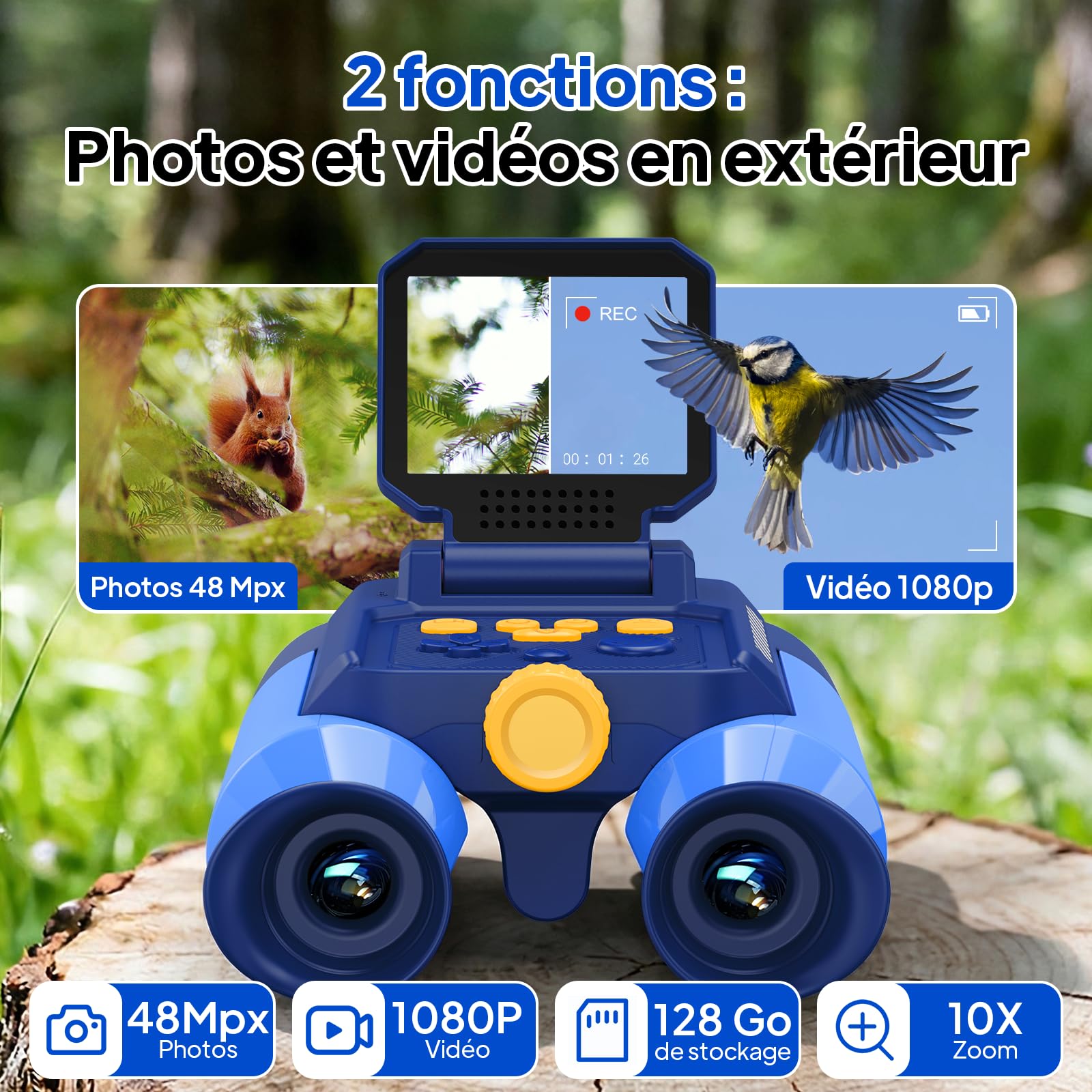 Ashfly Jumelles Enfant avec Écran 2,4", Zoom 10x, Jeux Intégrés, Vision Nocturne et Appareil Photo – Exploration Nature, Bleu